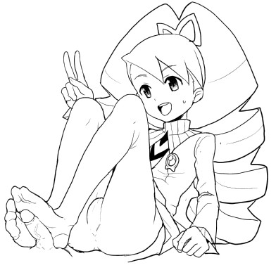 heriyama, luna platz (mega man), capcom, mega man (series), mega man star force (series), lowres, 00s, 1girl, big hair, crotch, drill hair, feet, footjob, footjob with legwear, greyscale, legs, monochrome, panties, pantyhose, penis, pussy, smile, solo, solo focus, sweat, uncensored, underwear, v