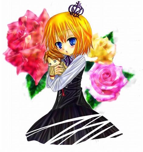 ushiromiya battler, ushiromiya maria, umineko no naku koro ni, lowres, 00s, 1boy, 1girl, black dress, blonde hair, blue eyes, brown hair, character doll, cousins, crown, doll, dress, floral background, flower, hetero, hug, o o, pink flower, pink rose, red flower, red rose, rose, short hair, white background, yellow flower, yellow rose