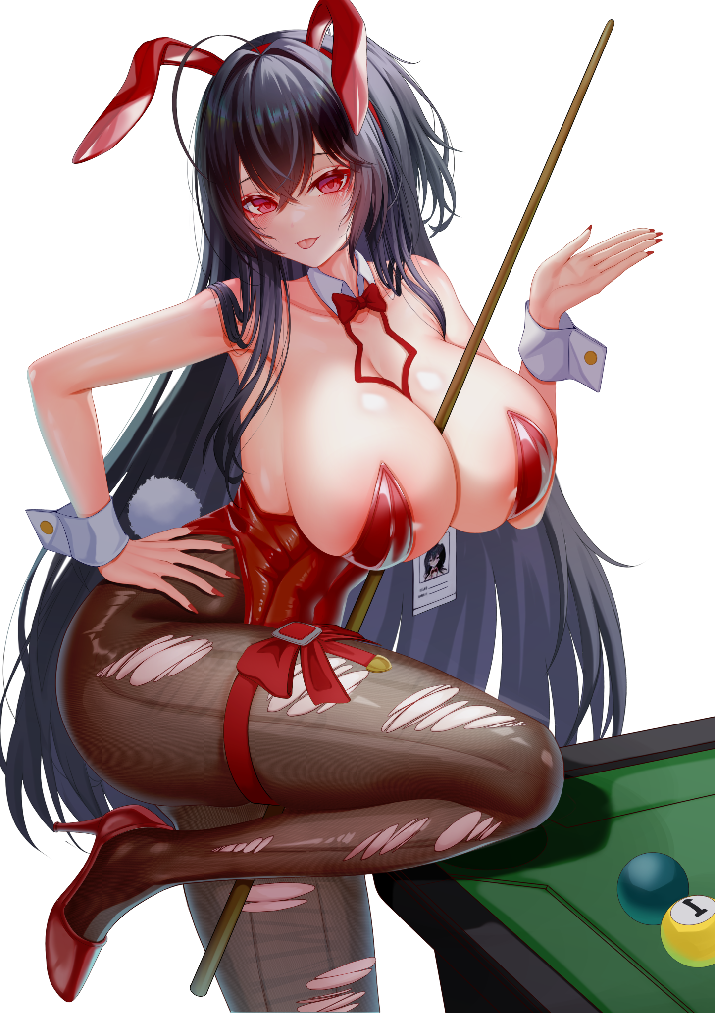 zakcura, taihou (azur lane), taihou (fun on the baize) (azur lane), azur lane, highres, 1girl, against table, ahoge, animal ear hairband, animal ears, ball, bare shoulders, between breasts, billiard ball, black hair, bow, bowtie, breasts, cleavage, collarbone, covered navel, crossed bangs, cue stick, fake animal ears, hair between eyes, hair over shoulder, hairband, hand on own hip, hand up, high heels, holding cue stick, huge breasts, id card, knee up, lanyard, leotard, long hair, looking at viewer, official alternate costume, pantyhose, playboy bunny, pool table, rabbit ear hairband, rabbit ears, red bow, red bowtie, red eyes, red leotard, red nails, red shoes, shoes, simple background, skindentation, solo, strapless, strapless leotard, table, thigh bow, thighs, tongue, tongue out, torn clothes, torn pantyhose, very long hair, white background, white wrist cuffs, wrist cuffs