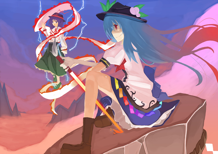 chig (mizusaki), mizumisaki, hinanawi tenshi, nagae iku, touhou, 2girls, female focus, kaname-ishi, multiple girls, rope, shawl, shide, shimenawa, sword, sword of hisou, weapon