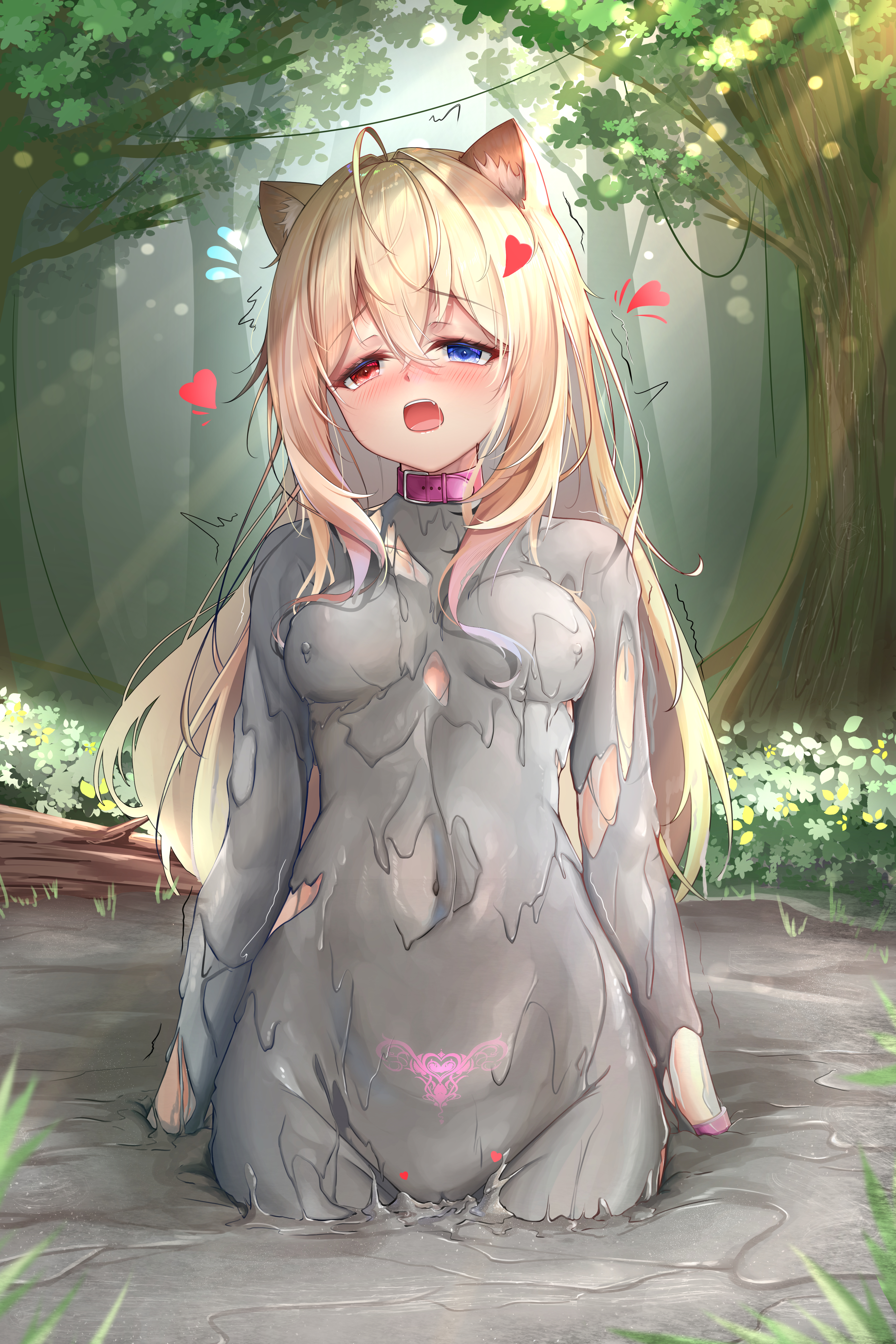 absurdres, highres, blue eyes, cat girl, clay, mud, muddy, quicksand, red eyes