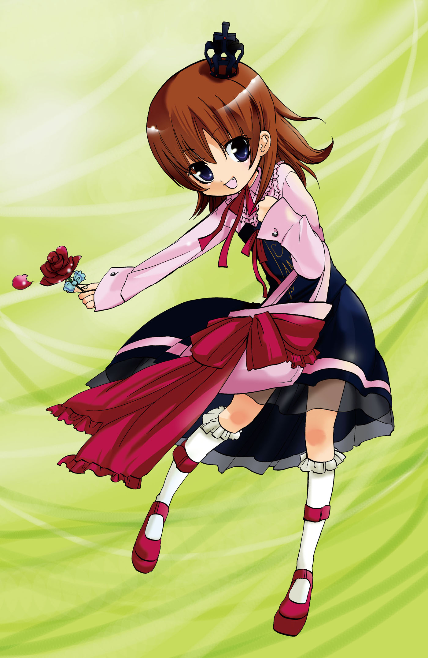 natsumi kei, ushiromiya maria, umineko no naku koro ni, highres, 00s, 1girl, blue eyes, brown hair, crown, fang, female focus, flower, hat, rose, short hair, solo