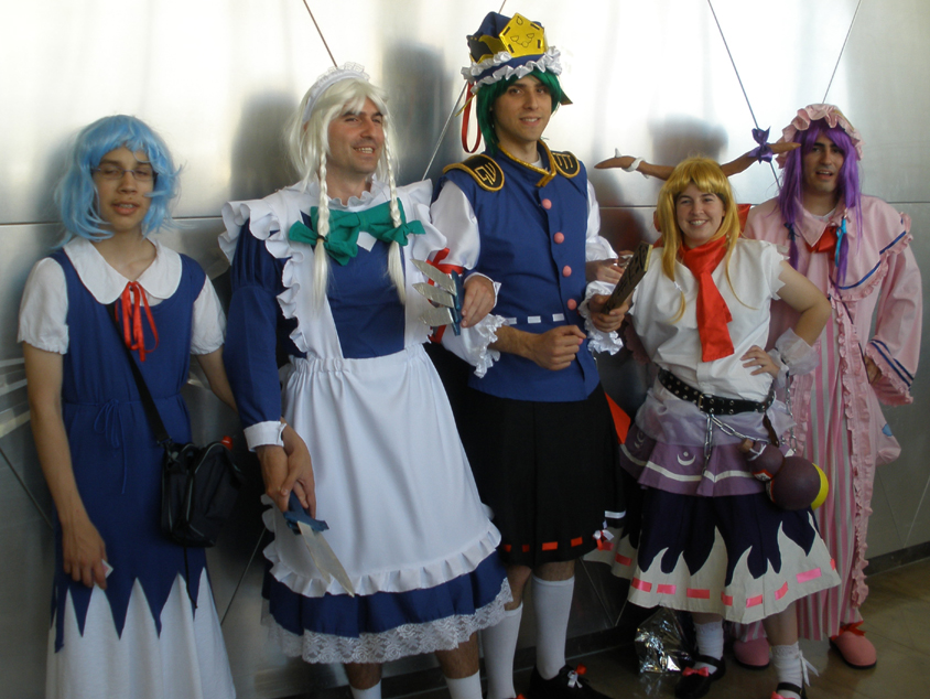 cirno, ibuki suika, izayoi sakuya, patchouli knowledge, shiki eiki, touhou, cosplay photo, photo (medium), 5boys, cirno (cosplay), cosplay, crossdressing, crossdressing (mtf), ibuki suika (cosplay), izayoi sakuya (cosplay), multiple boys, patchouli knowledge (cosplay), shiki eiki (cosplay)