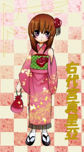 natsumi kei, ushiromiya maria, umineko no naku koro ni, lowres, 00s, 1girl, bag, blush, brown hair, checkered background, female focus, flower, hair flower, hair ornament, japanese clothes, kimono, purple eyes, sandals, short hair, socks, solo, tabi, yukata