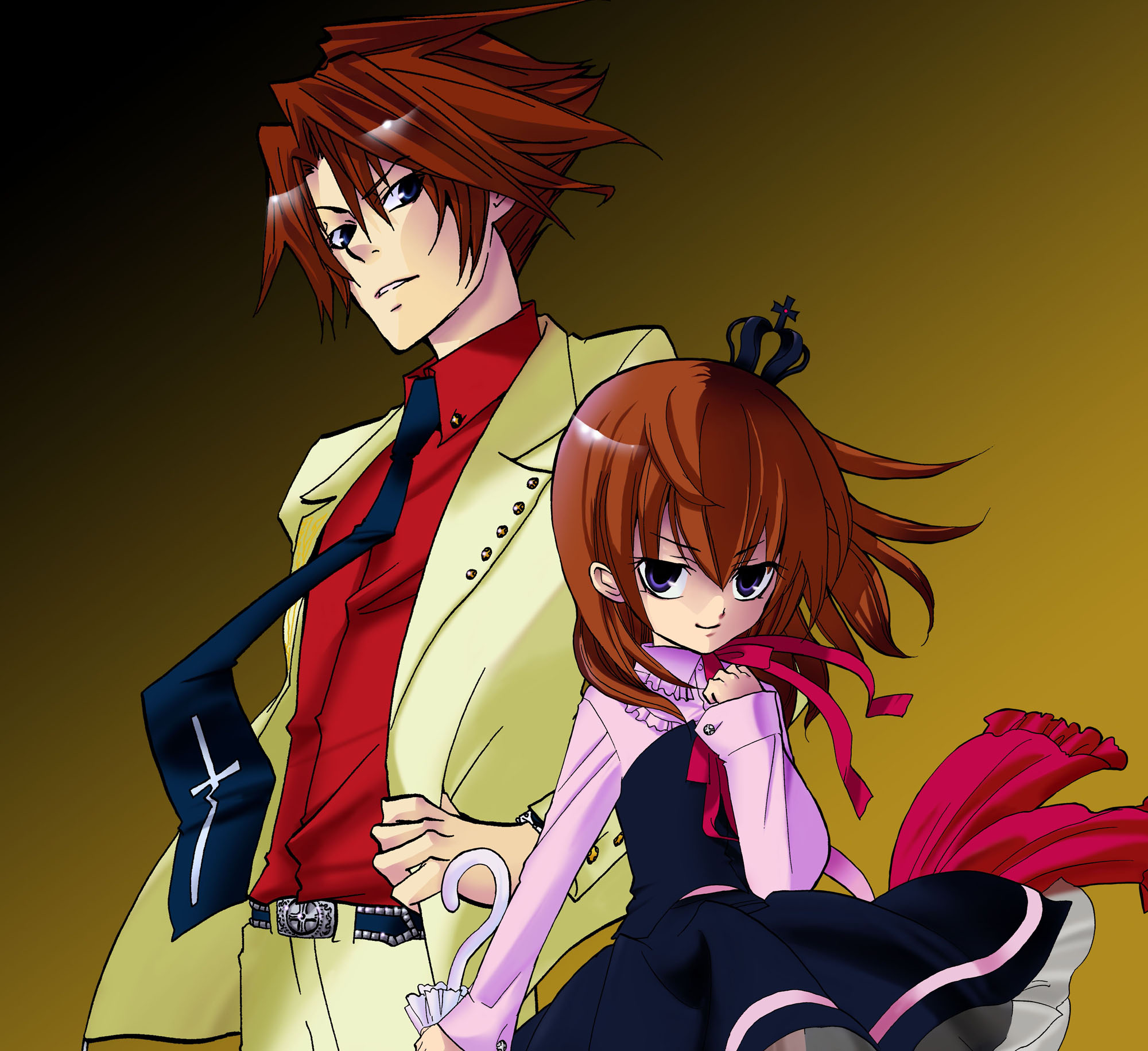 natsumi kei, ushiromiya battler, ushiromiya maria, umineko no naku koro ni, highres, 00s, 1boy, 1girl, ascot, black background, black dress, blue eyes, brown hair, closed umbrella, cousins, dress, formal clothes, frills, gradient background, hand on own hip, height difference, necktie, purple eyes, red hair, short hair, smile, square-end necktie, suit, umbrella, yellow background