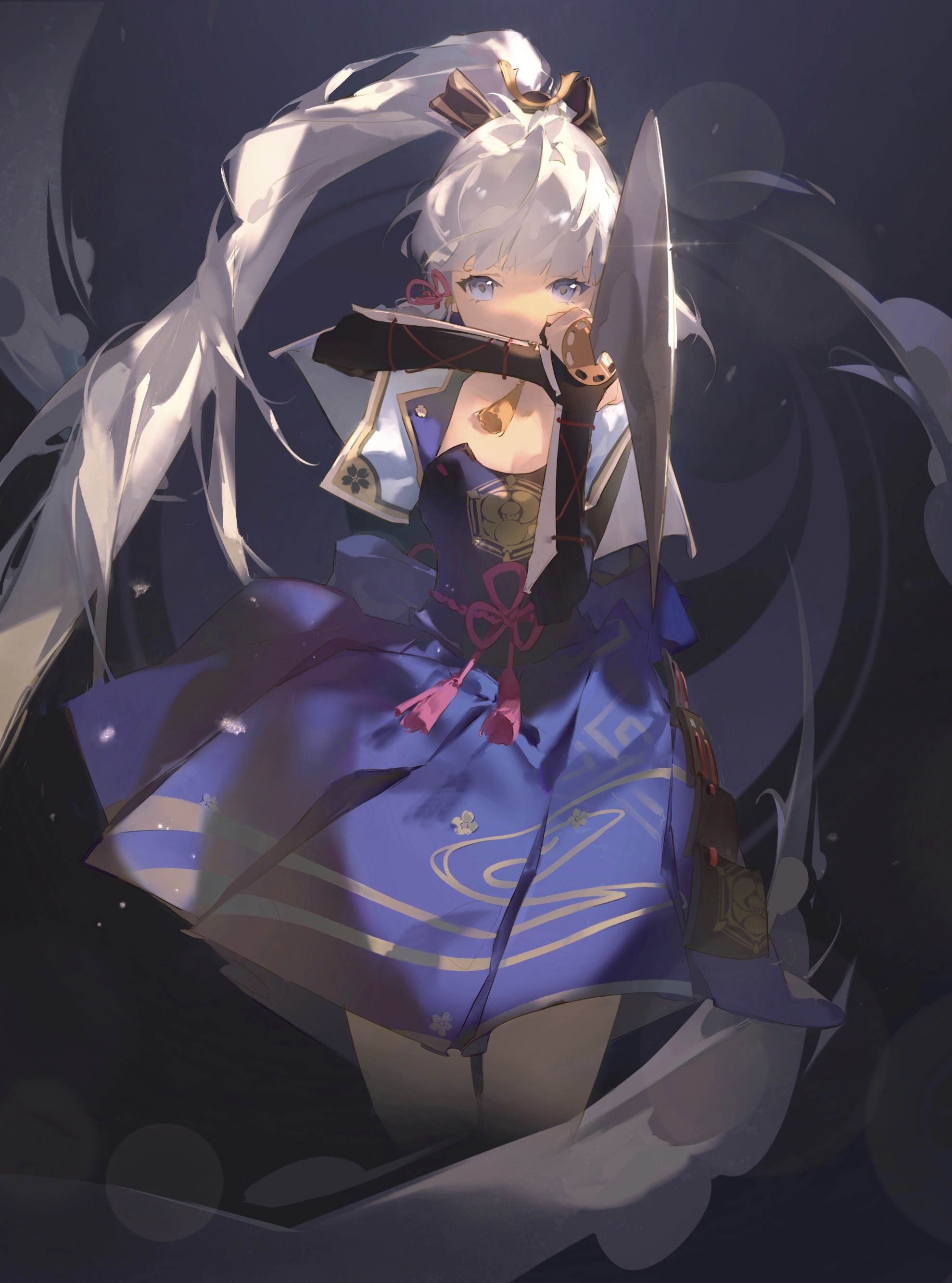mumu53, ayaka (genshin impact), genshin impact, absurdres, commentary, highres, 1girl, aiming, aiming at viewer, armor, black background, black gloves, blue eyes, blue skirt, blunt bangs, character name, covered mouth, cropped legs, elbow gloves, feet out of frame, floating hair, floral print, flower knot, foreshortening, gloves, hair ornament, holding, holding sword, holding weapon, japanese armor, kamisato clan (emblem), kusazuri, long hair, looking at viewer, neck tassel, ponytail, skirt, smoke, solo, standing, sword, tassel, weapon, white hair
