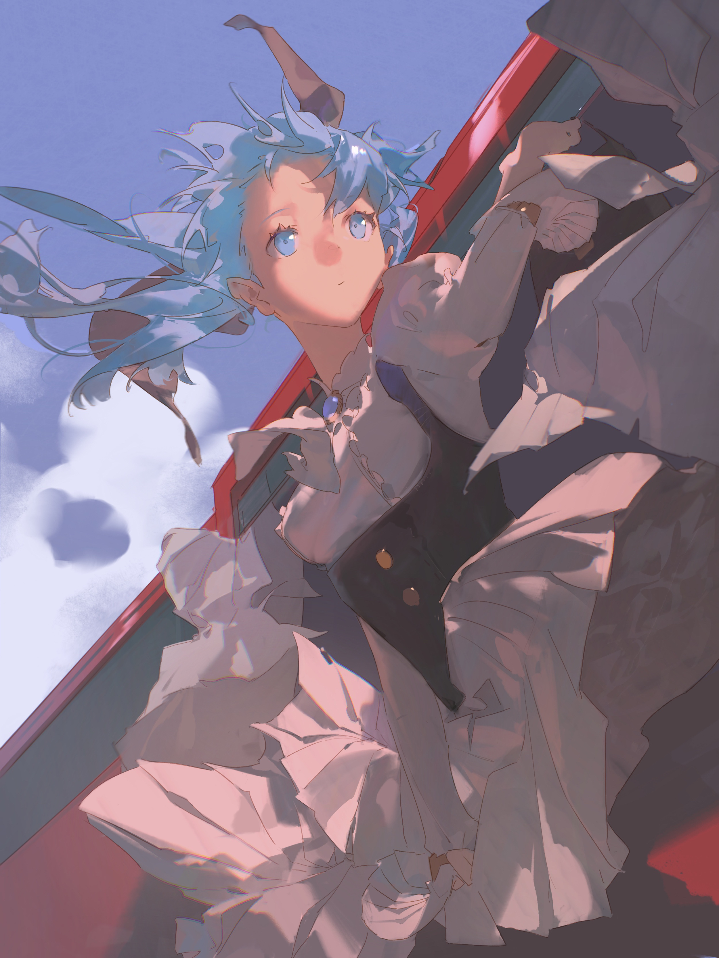 mumu53, hatsune miku, vocaloid, absurdres, commentary, english commentary, highres, 1girl, aqua eyes, aqua hair, blue sky, cloud, floating hair, from below, long hair, sky, solo