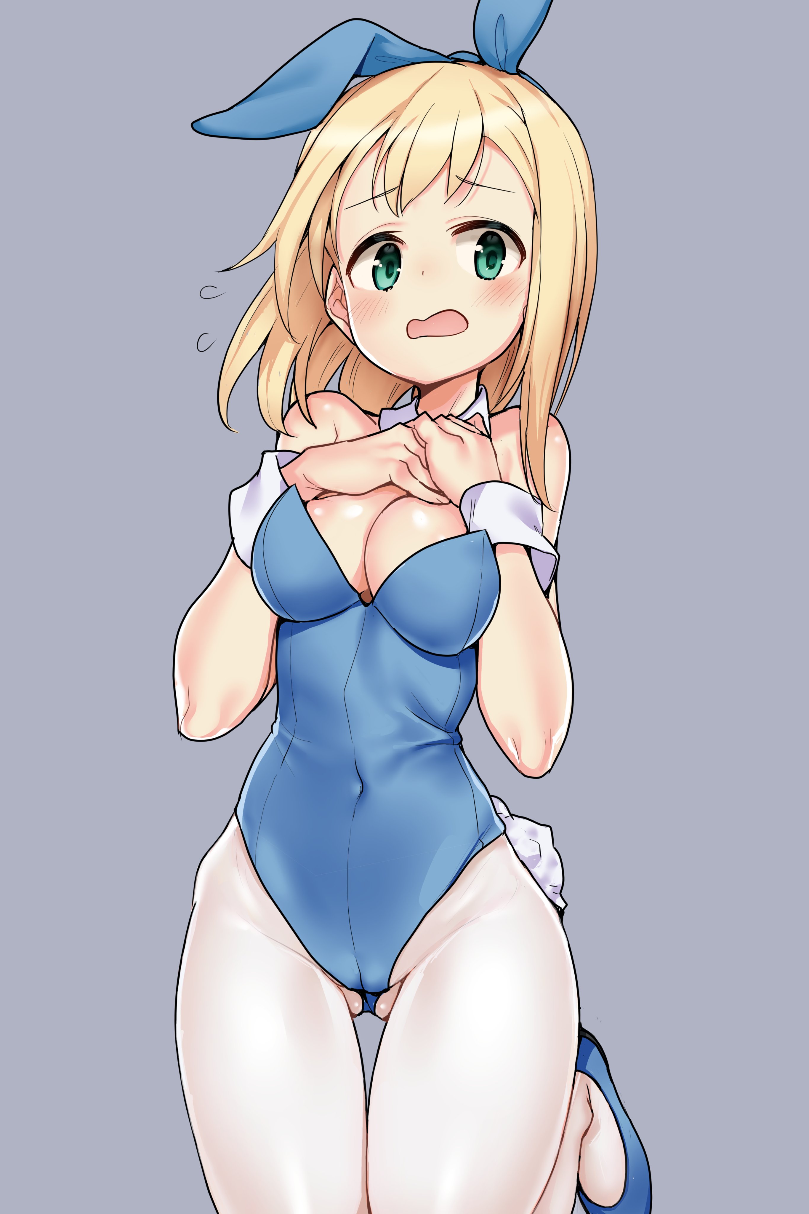 buta-don, elma leivonen, strike witches: suomus misfits squadron, world witches series, absurdres, highres, non-web source, 1girl, animal ears, blonde hair, blue leotard, blue shoes, blush, braid, breasts, embarrassed, fake animal ears, green eyes, leotard, long hair, looking at viewer, medium breasts, navel, open mouth, pantyhose, playboy bunny, rabbit ears, rabbit tail, shoes, single braid, solo, standing, tail, white pantyhose, wrist cuffs