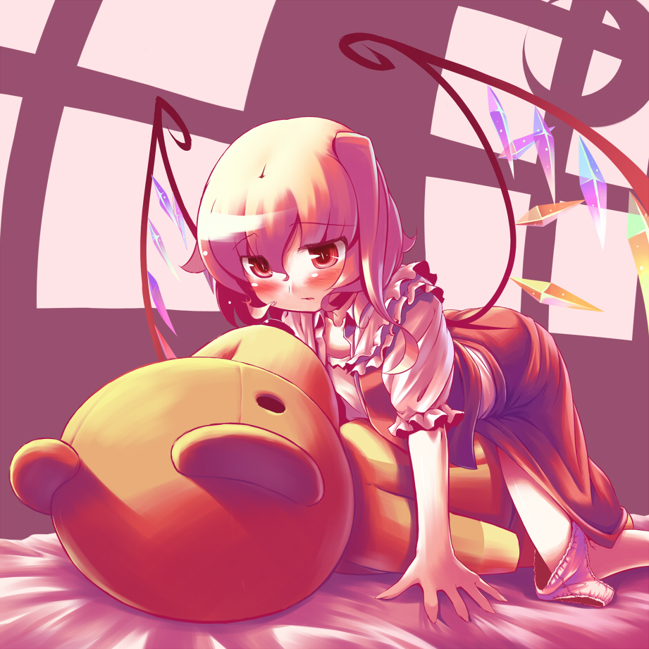 takahero, flandre scarlet, embodiment of scarlet devil, touhou, 1girl, blonde hair, blush, clothed masturbation, crotch rub, female focus, female masturbation, masturbation, panties, panties around leg, short hair, solo, stuffed animal, stuffed toy, teddy bear, underwear, white panties, wings