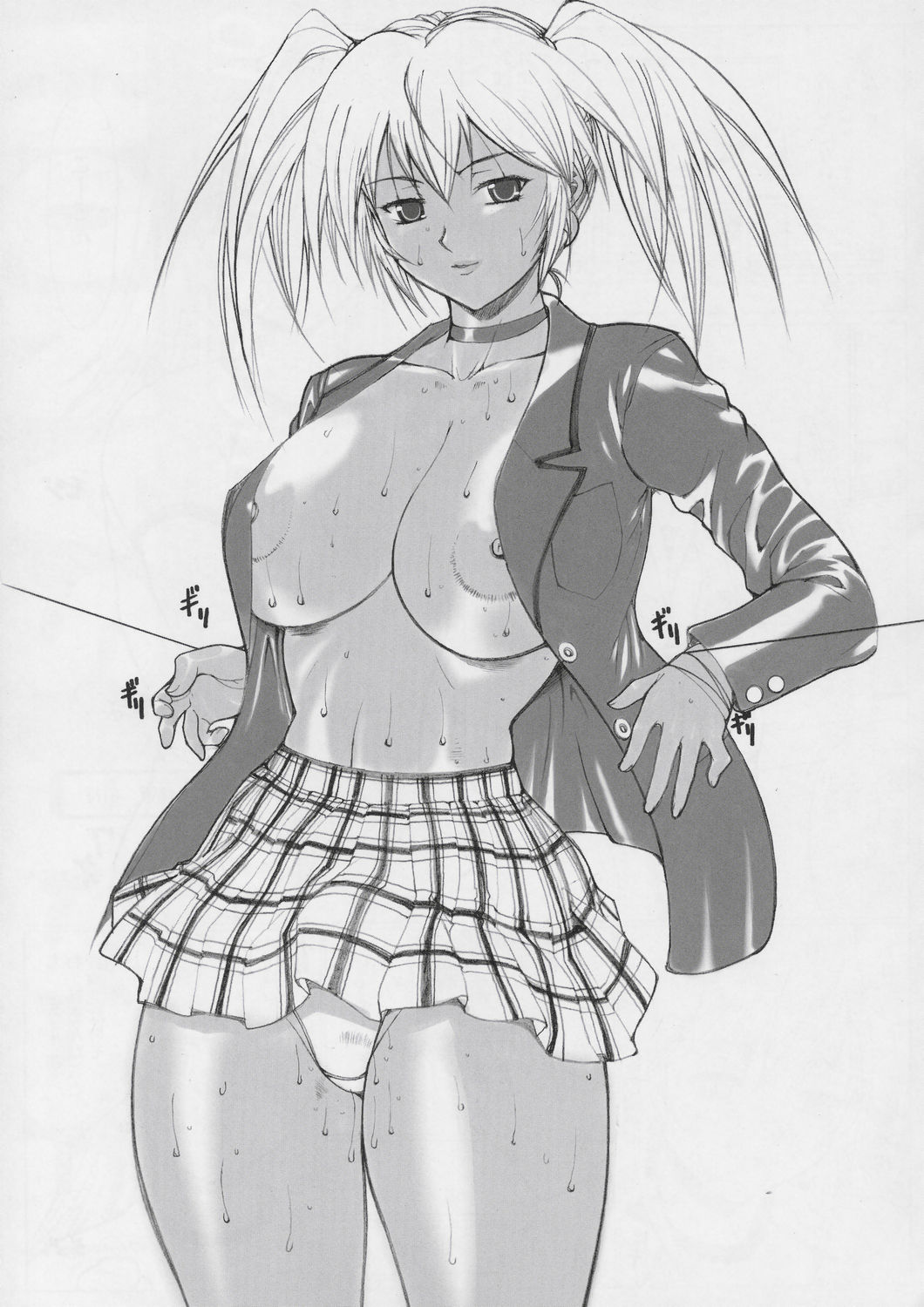 kinoko allstars, ryofu housen, ikkitousen, highres, non-web source, 00s, 1girl, arms at sides, breasts, choker, cleavage, cowboy shot, dark-skinned female, dark skin, female focus, greyscale, hair between eyes, jacket, large areolae, large breasts, microskirt, monochrome, nipple slip, nipples, no bra, open clothes, open jacket, panties, parted bangs, plaid clothes, plaid skirt, pocket, simple background, skirt, solo, standing, sweat, thighs, twintails, underwear, white panties