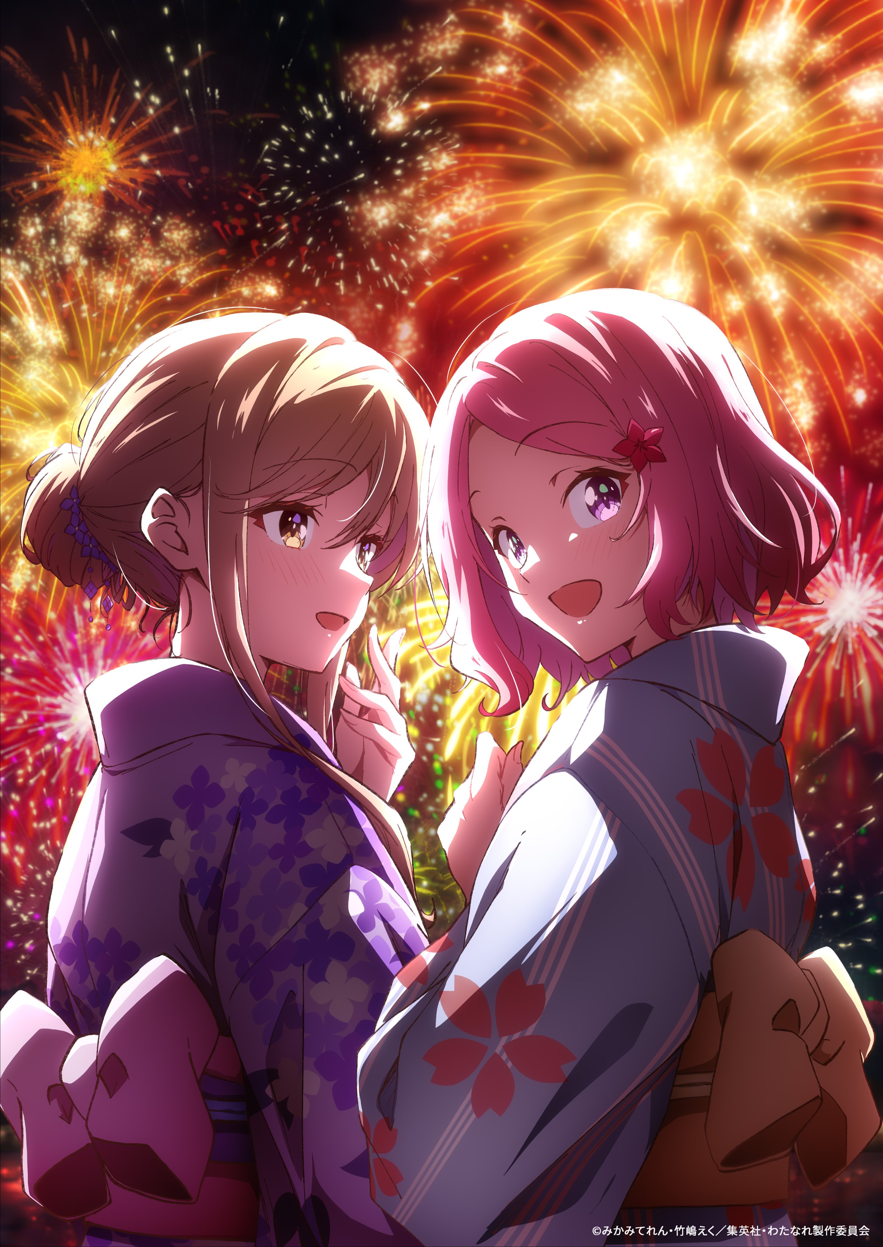 amaori renako, sena ajisai, watashi ga koibito ni nareru wake naijan murimuri!, absurdres, highres, official art, 2girls, :d, aerial fireworks, back bow, blue kimono, blush, bow, brown eyes, brown hair, fireworks, flower, hair bun, hair flower, hair ornament, hair up, japanese clothes, kimono, looking at another, looking back, multiple girls, obi, official alternate hairstyle, open mouth, pink hair, purple eyes, purple kimono, sash, short hair, sidelocks, smile