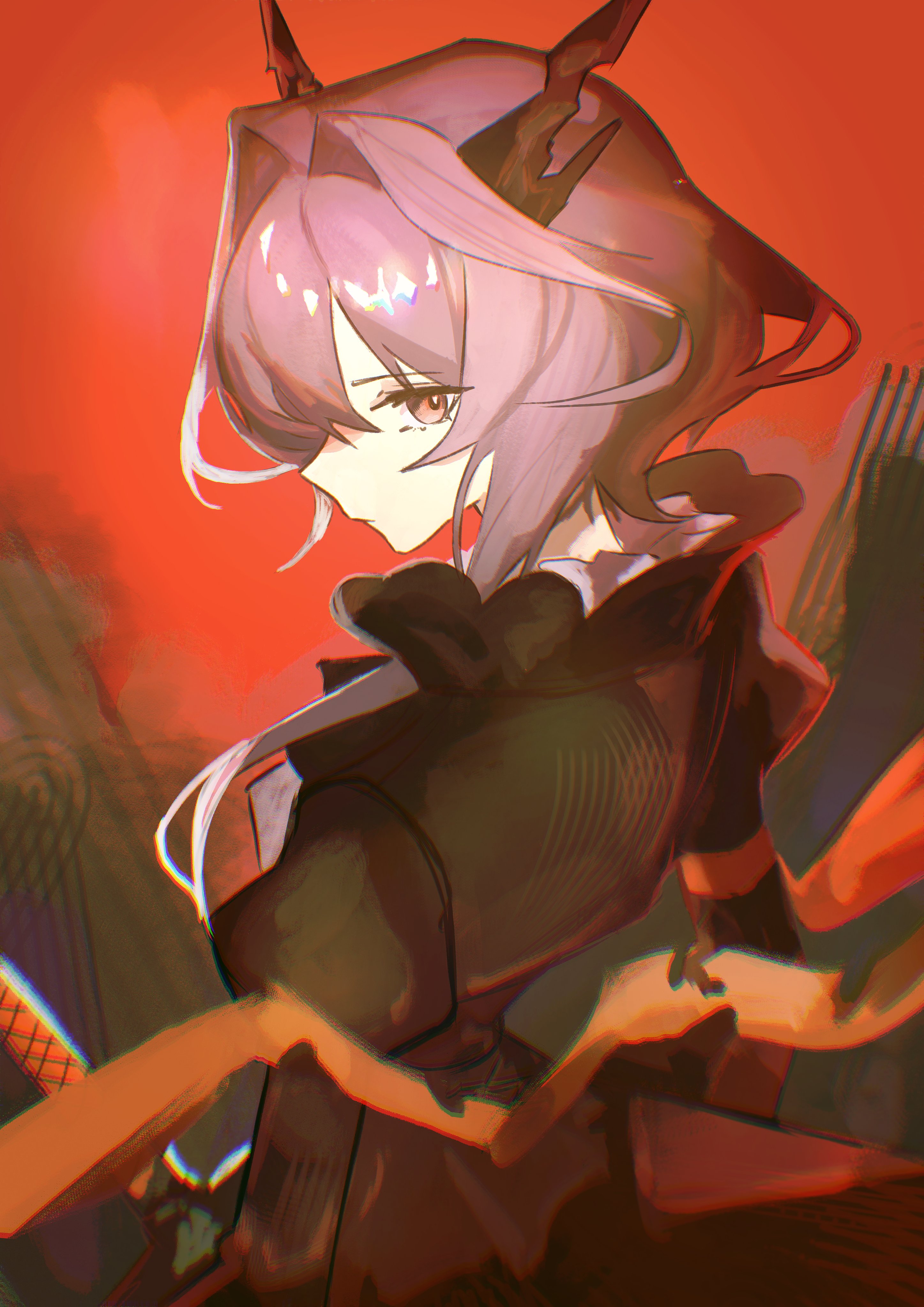 peemy, talulah (arknights), arknights, absurdres, highres, 1girl, armband, black dress, closed mouth, dragon girl, dragon horns, dress, from behind, grey hair, hair intakes, horns, juliet sleeves, long hair, long sleeves, looking at viewer, looking back, orange armband, orange eyes, profile, puffy sleeves, red background, solo, sword, upper body, weapon