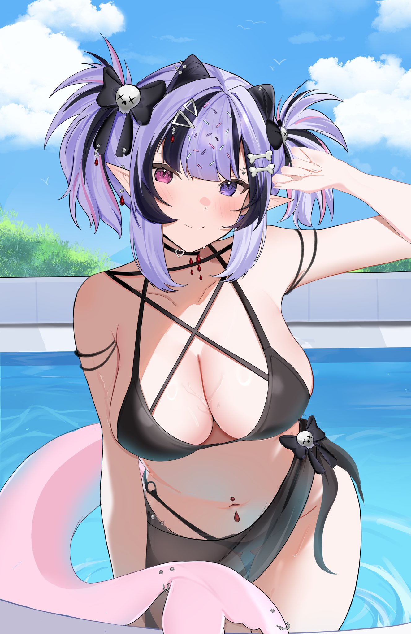 pokuriin, indie virtual youtuber, commentary, english commentary, highres, second-party source, 1girl, bikini, black bikini, black bow, black choker, black streaks, blue background, blue sky, blush, bone hair ornament, bow, breasts, cetacean tail, choker, cleavage, closed mouth, cloud, cowboy shot, day, eyebrow piercing, face piercing, fins, fish tail, hair bow, hair ornament, hair sprinkles, hand up, heterochromia, large breasts, looking at viewer, multi-strapped bikini top, multicolored hair, navel, outdoors, piercing, pink eyes, pointy ears, purple eyes, purple hair, short hair, sky, smile, solo, sprinkle hershy, sprinkles, streaked hair, swept bangs, swimsuit, tail, virtual youtuber, wading, water