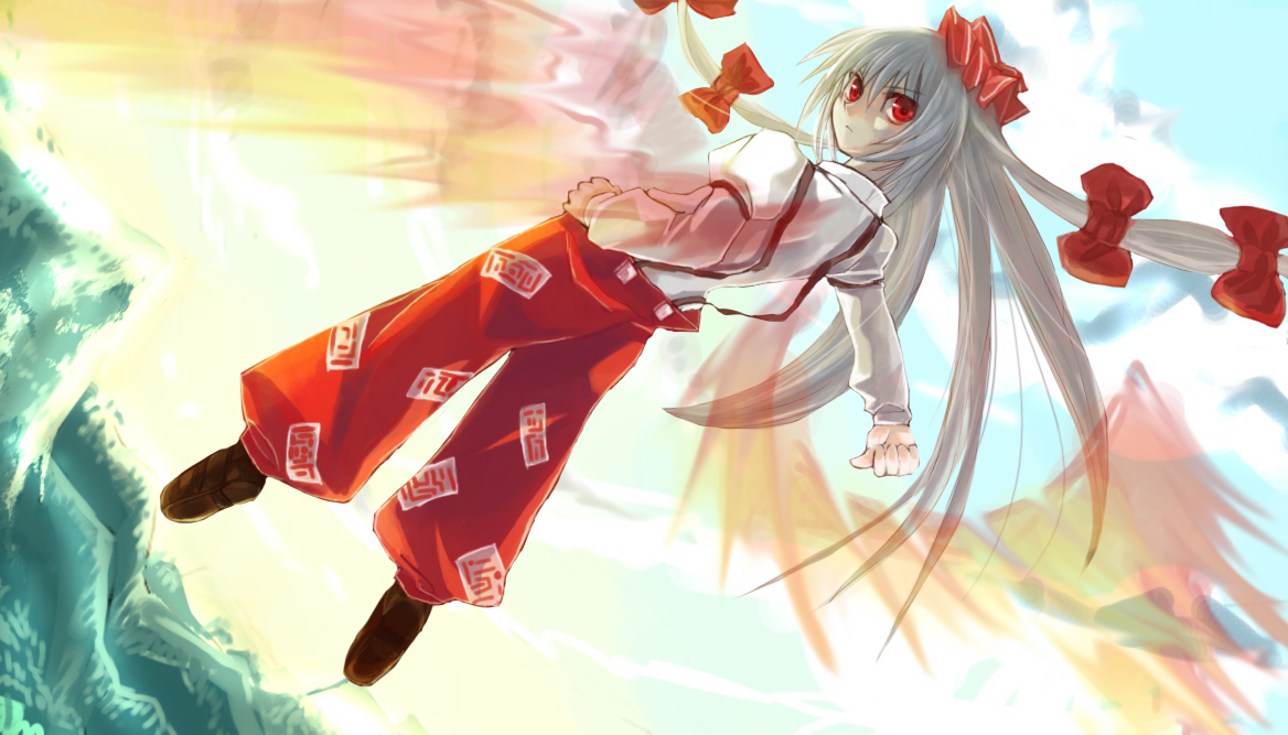 kizugisau, teiruzuta, fujiwara no mokou, touhou, bad id, bad pixiv id, 1girl, female focus, fiery wings, flying, hair ribbon, long hair, red eyes, ribbon, solo, white hair, wings