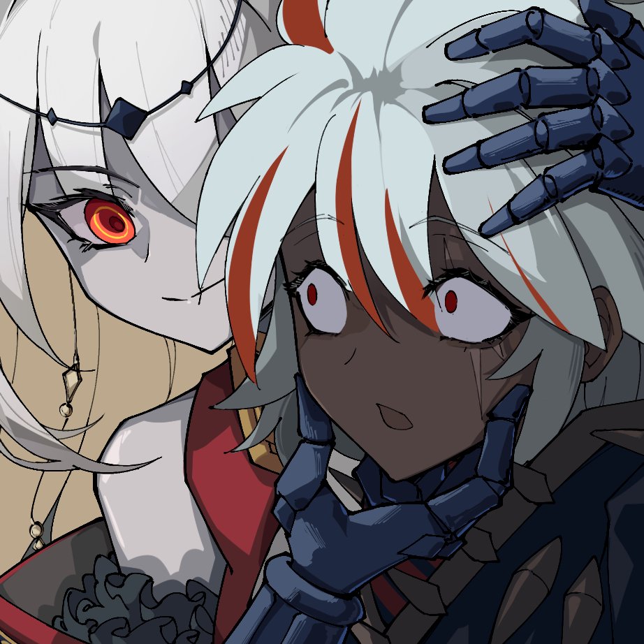 tierra misu, blazing cartesia the virtuous, ecclesia (yu-gi-oh!), 1boy, 1girl, albaz (yu-gi-oh!), bare shoulders, dark-skinned male, dark skin, grey hair, long hair, multicolored hair, red eyes, red hair, short hair, two-tone hair