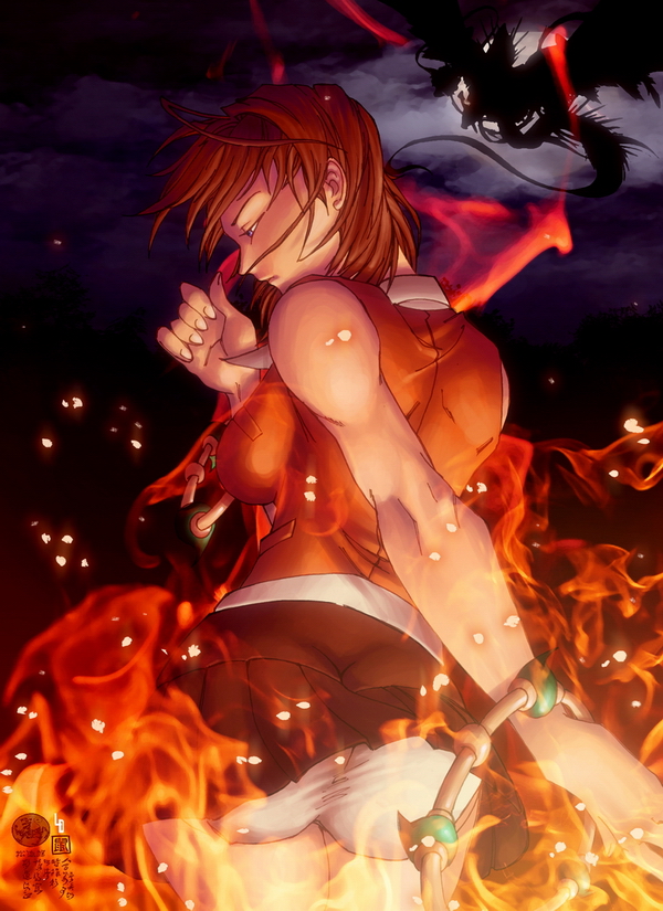 tokiha mai, my-hime, artist request, 00s, 1girl, ass, back, breasts, clothes lift, female focus, fire, from behind, large breasts, moon, night, orange hair, orange shirt, panties, red hair, shirt, short hair, silhouette, skirt, skirt lift, solo, underwear, upskirt, white panties