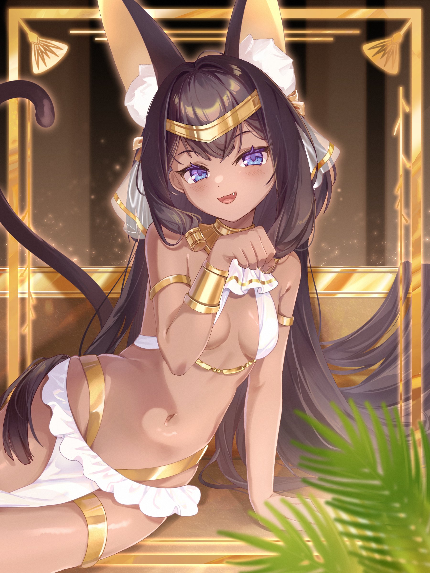 negitail31, original, gold armlet, gold collar, absurdres, highres, 1girl, :d, ancient egyptian, ancient egyptian clothes, animal ears, arm support, bare shoulders, black hair, blue eyes, bow, bracelet, breasts, brown hair, cat ears, cat girl, cat tail, dark-skinned female, dark skin, embroidery, extra ears, fang, gold bow, gold bracelet, gold hairband, gold thighlet, hair bow, hairband, if you want to become a godly artist (trend), indoors, jewelry, long hair, looking at viewer, lying, navel, on side, open mouth, paw pose, pelvic curtain, purple eyes, see-through ribbon, sling bikini top, small breasts, smile, solo, stomach, tail, usekh collar, very long hair