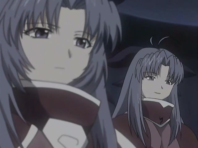 natalie (scrapped princess), zefiris, scrapped princess, screencap, anime screenshot, 00s, 2girls, ahoge, blue hair, close-up, frown, multiple girls, parted bangs, purple eyes, smile