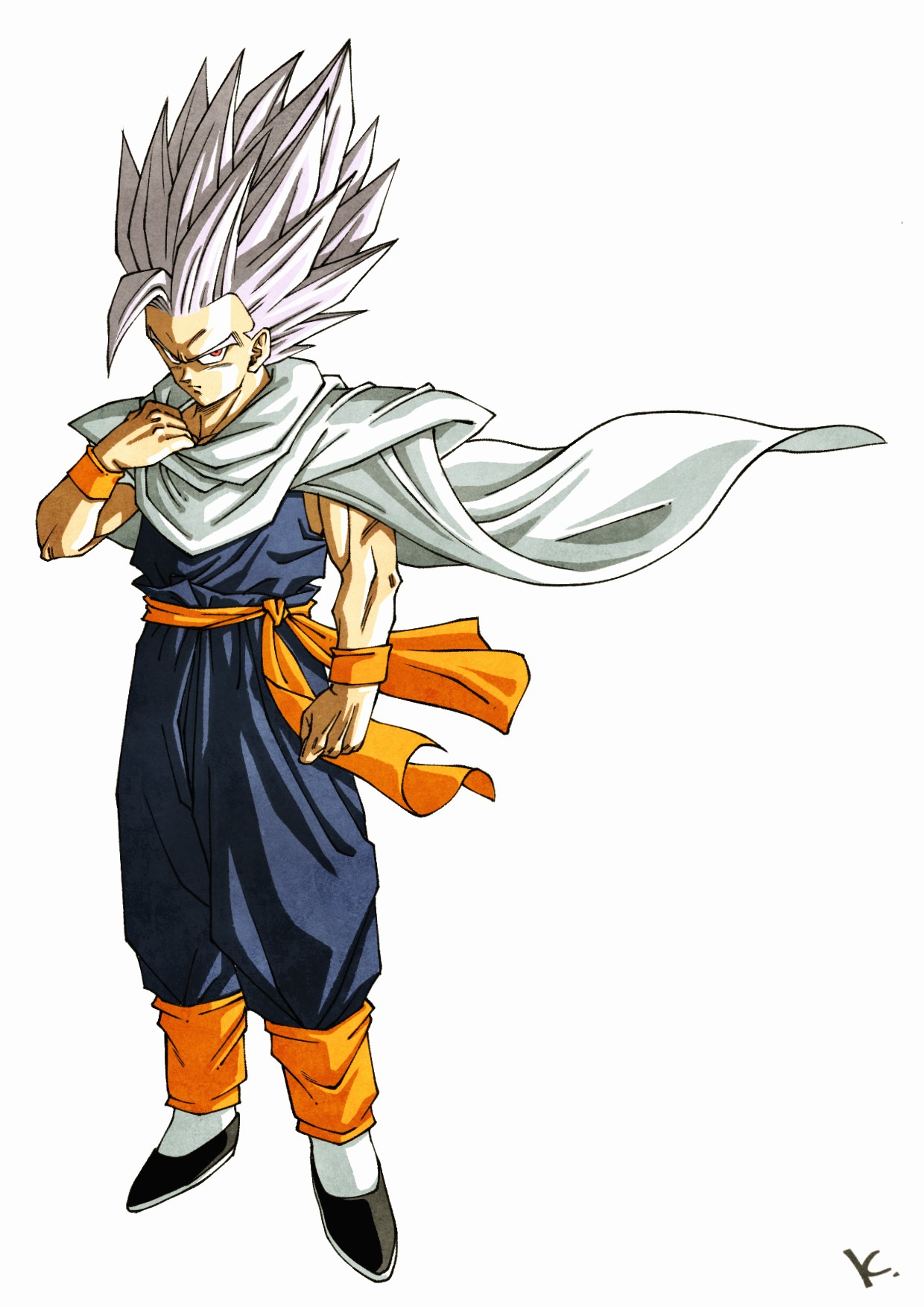 kakeru (dbskakeru), gohan beast, son gohan, dragon ball, dragon ball super, dragon ball super super hero, highres, 1boy, blue pants, blue shirt, cape, dougi, full body, grey hair, long hair, male focus, muscular, muscular male, orange sash, pants, red eyes, shirt, simple background, solo, spiked hair, white background, white cape