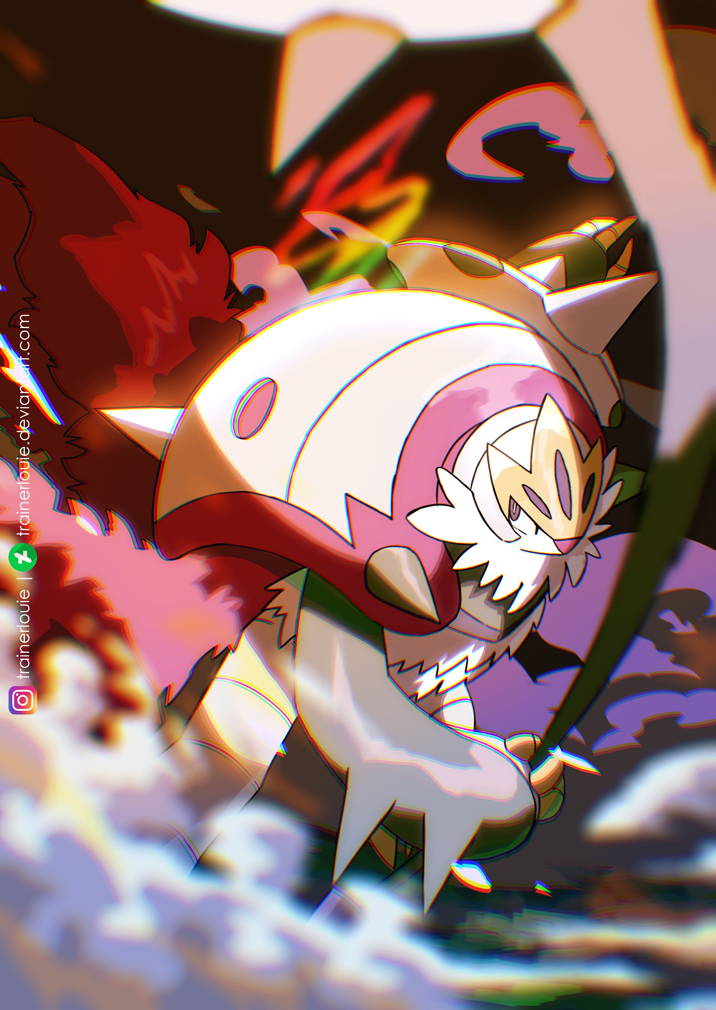 trainerlouie, chesnaught, mega chesnaught, nintendo, pokemon, pokemon legends: z-a, absurdres, commentary, english commentary, highres, cape, claws, closed mouth, colored skin, forehead protector, fur cape, gen 6 pokemon, green skin, holding, mega pokemon, multicolored skin, pokemon (creature), pokemon focus, red fur, red nose, spikes, two-tone skin, white beard, white fur, yellow claws
