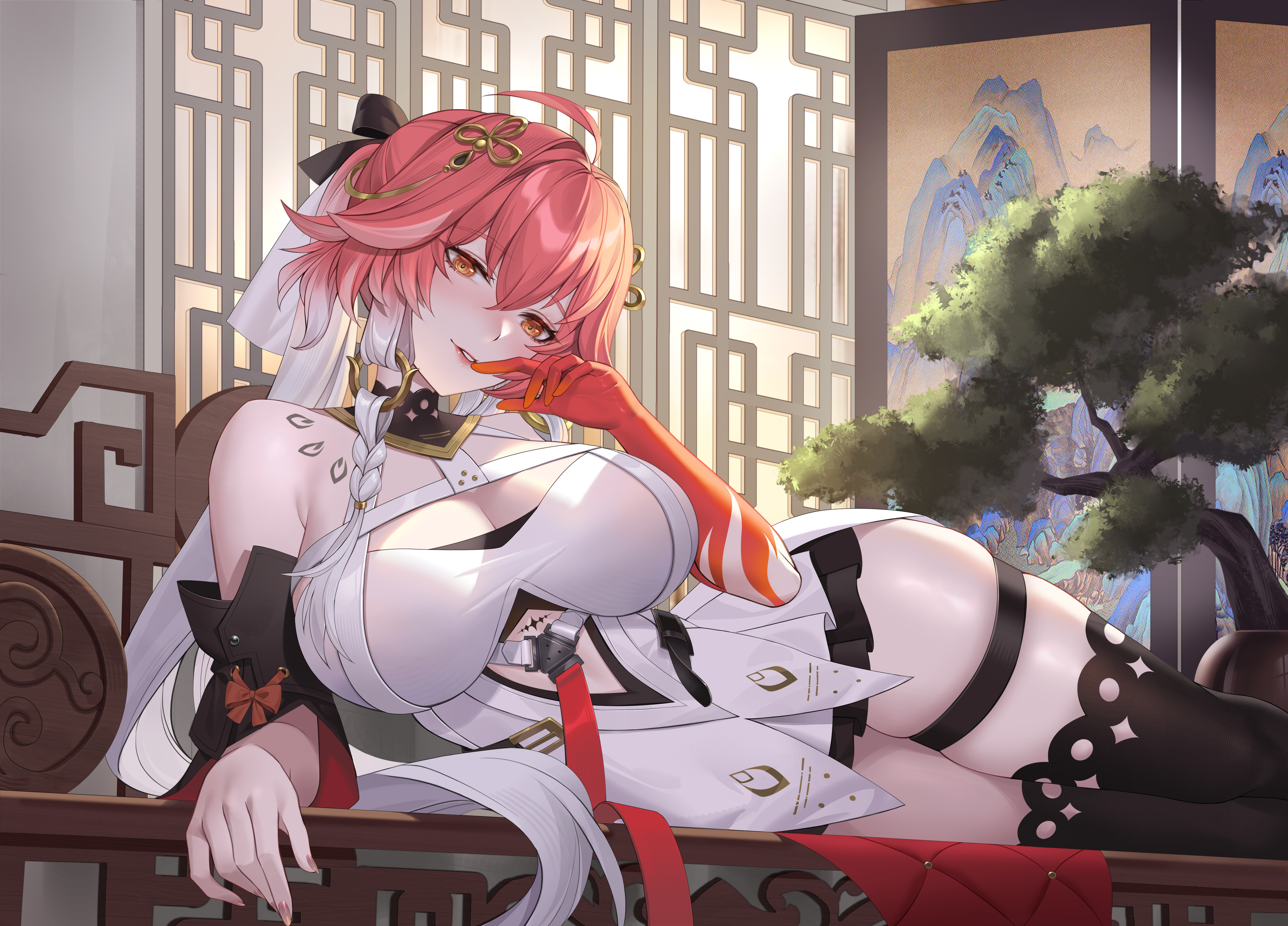 yaxiya, changli (wuthering waves), wuthering waves, absurdres, highres, 1girl, ahoge, architecture, bare shoulders, black collar, black sleeves, black thighhighs, body markings, braid, breasts, cleavage, collar, colored extremities, dress, east asian architecture, finger to mouth, gradient hair, hair extensions, hair ornament, indoors, large breasts, long hair, looking at viewer, lying, missing commentary, multicolored hair, no jacket, on bench, on side, orange eyes, orange hair, parted lips, pink hair, ponytail, red hands, ring hair extensions, short sleeves, smile, solo, tacet mark (wuthering waves), thighhighs, thighs, twin braids, very long hair, white dress, white hair