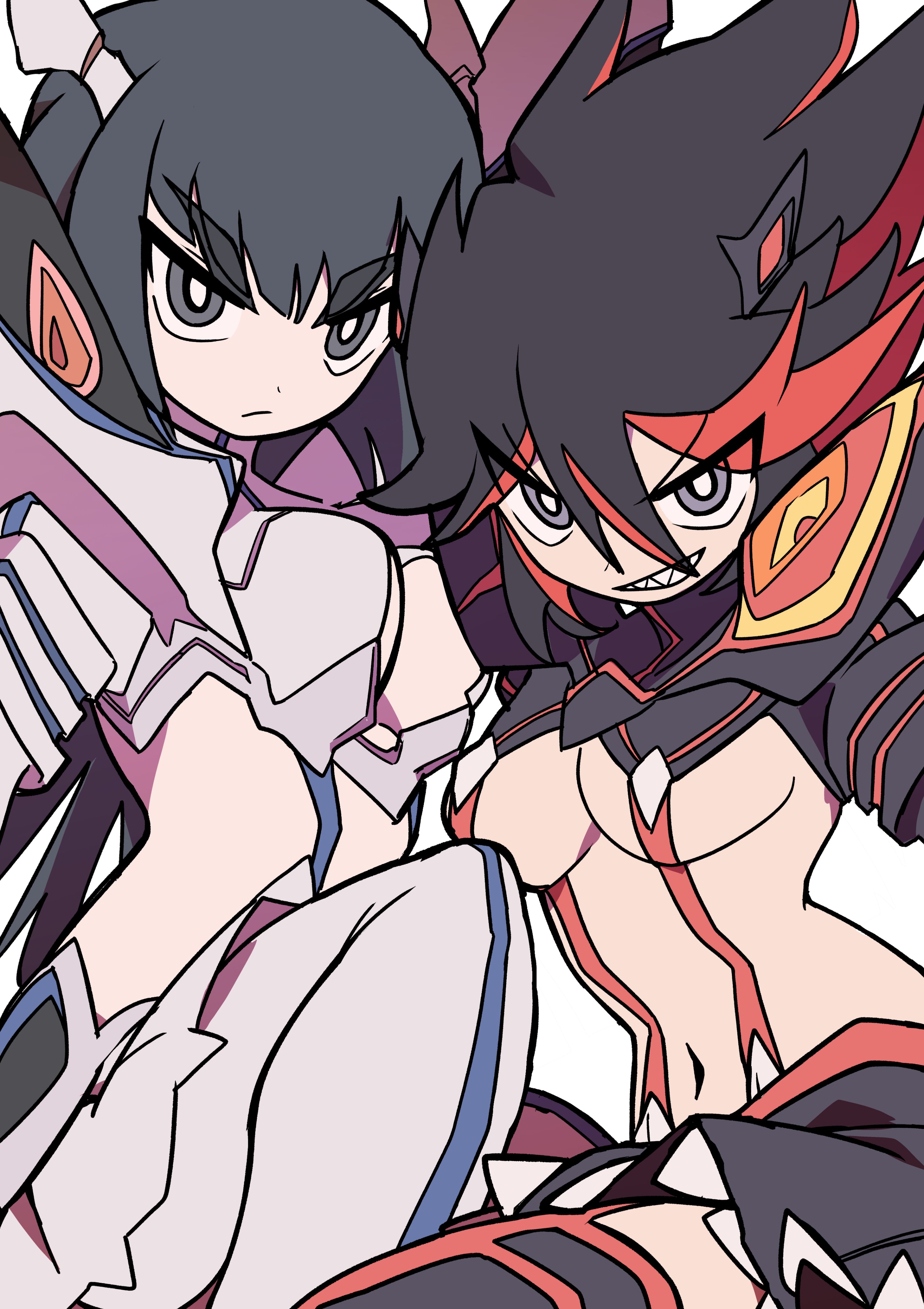 yuateheng, junketsu, kamui (kill la kill), kiryuuin satsuki, matoi ryuuko, senketsu, kill la kill, absurdres, highres, 2girls, black hair, blue eyes, boots, breasts, epaulettes, gloves, large breasts, living clothes, long hair, looking at viewer, midriff, multicolored hair, multiple girls, navel, red hair, revealing clothes, short hair, siblings, sisters, skirt, smile, streaked hair, suspenders, thick eyebrows, thigh boots, thighhighs, two-tone hair, underboob