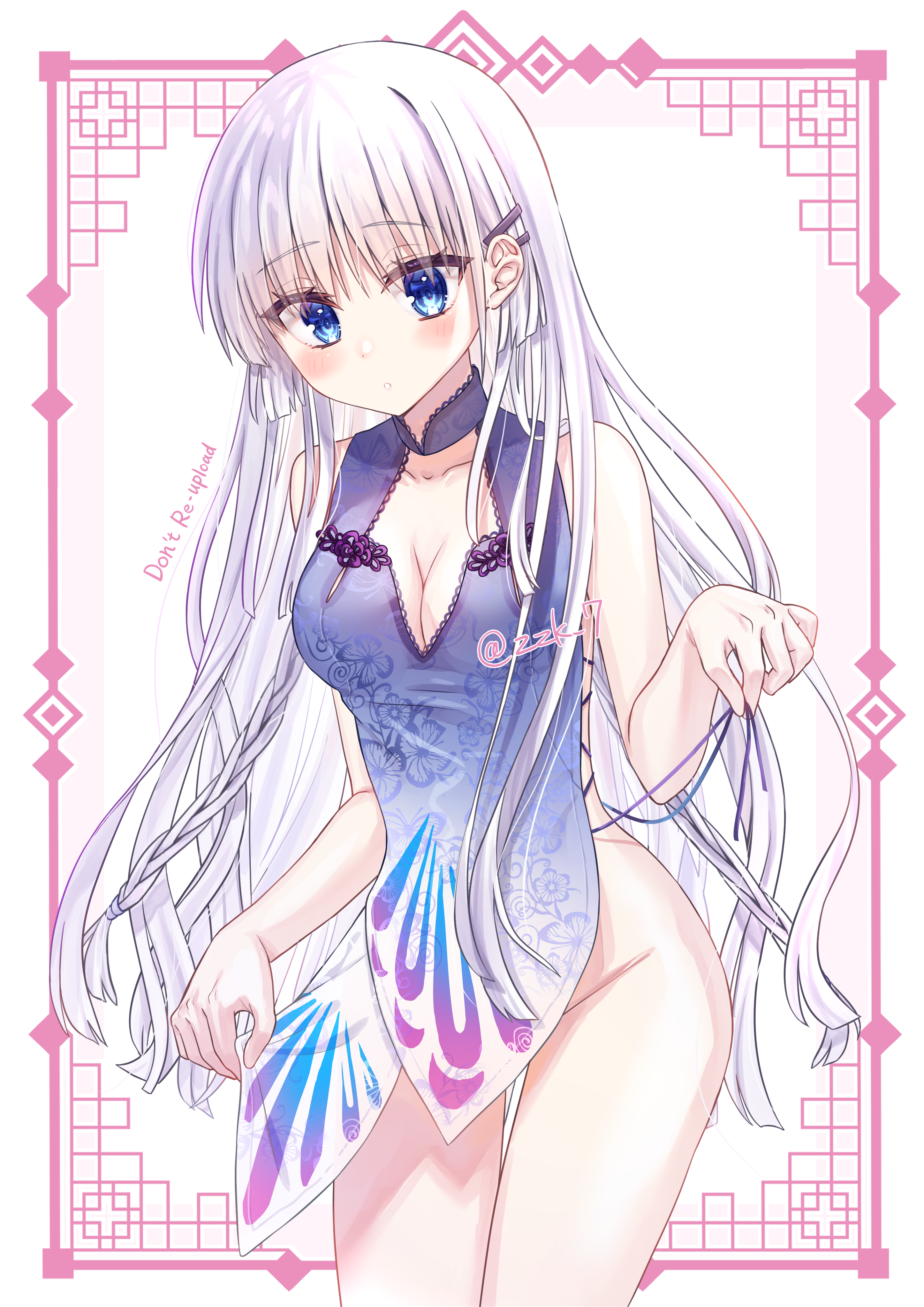 zuzuhashi, naruse shiroha, summer pockets, absurdres, commentary request, commission, highres, skeb commission, 1girl, alternate costume, animal print, bare shoulders, blue eyes, blunt ends, blush, braid, breasts, butterfly print, china dress, chinese clothes, cleavage, cleavage cutout, clothing cutout, collarbone, cowboy shot, dress, eyes visible through hair, floating hair, floral print, floral print dress, groin, hair behind ear, hair between eyes, hair ornament, hairclip, hand up, large breasts, long hair, looking at viewer, no panties, outside border, parallel hairclips, parted lips, print dress, short dress, sideless dress, sidelocks, simple background, skirt hold, sleeveless, sleeveless dress, solo, thigh gap, thighs, tsurime, twin braids, twitter username, very long hair, white background, white hair