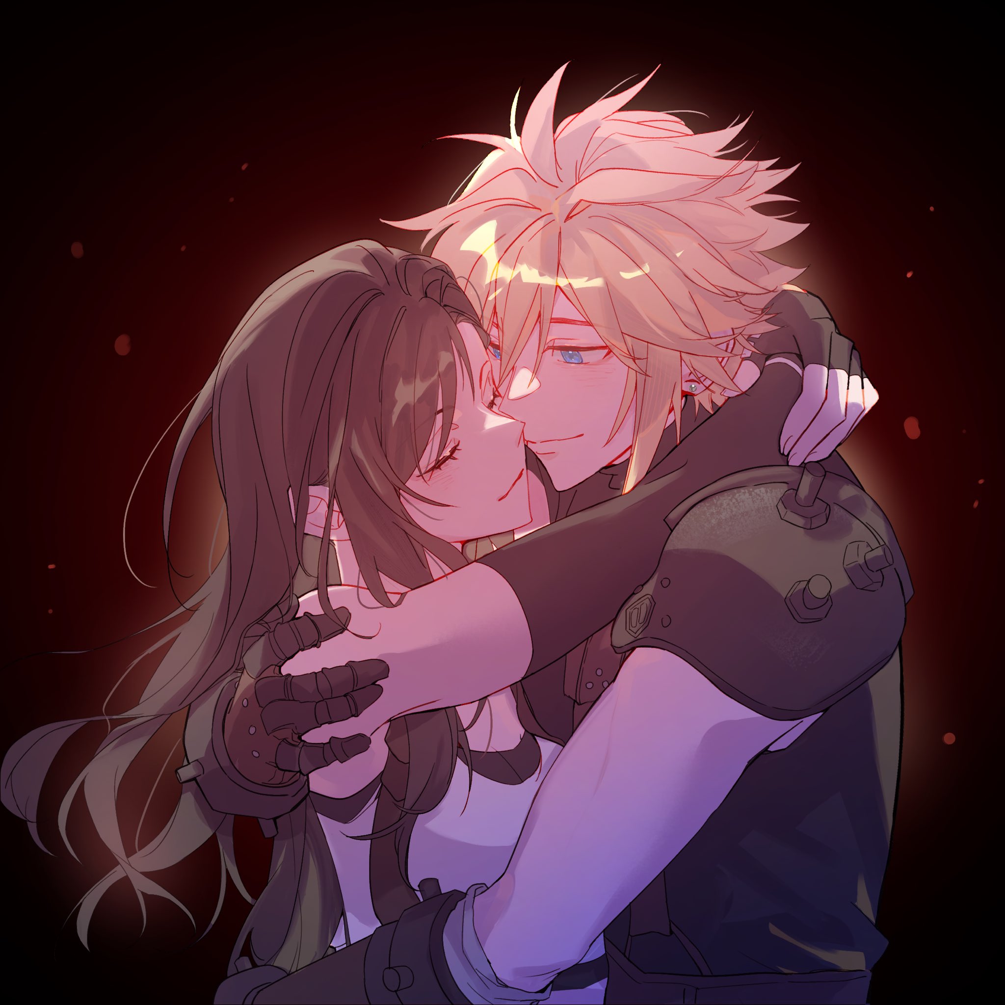 yeon (tecsan1201), cloud strife, tifa lockhart, final fantasy, final fantasy vii, final fantasy vii remake, highres, 1boy, 1girl, armor, arms around neck, bare shoulders, black background, black gloves, black hair, blonde hair, blue eyes, cheek-to-cheek, closed eyes, closed mouth, couple, crop top, earrings, elbow gloves, fingerless gloves, gloves, hand on another's shoulder, heads together, hug, jewelry, long hair, shoulder armor, sleeveless, sleeveless turtleneck, smile, spiked hair, stud earrings, suspenders, sweater, tank top, turtleneck, turtleneck sweater, upper body, white tank top