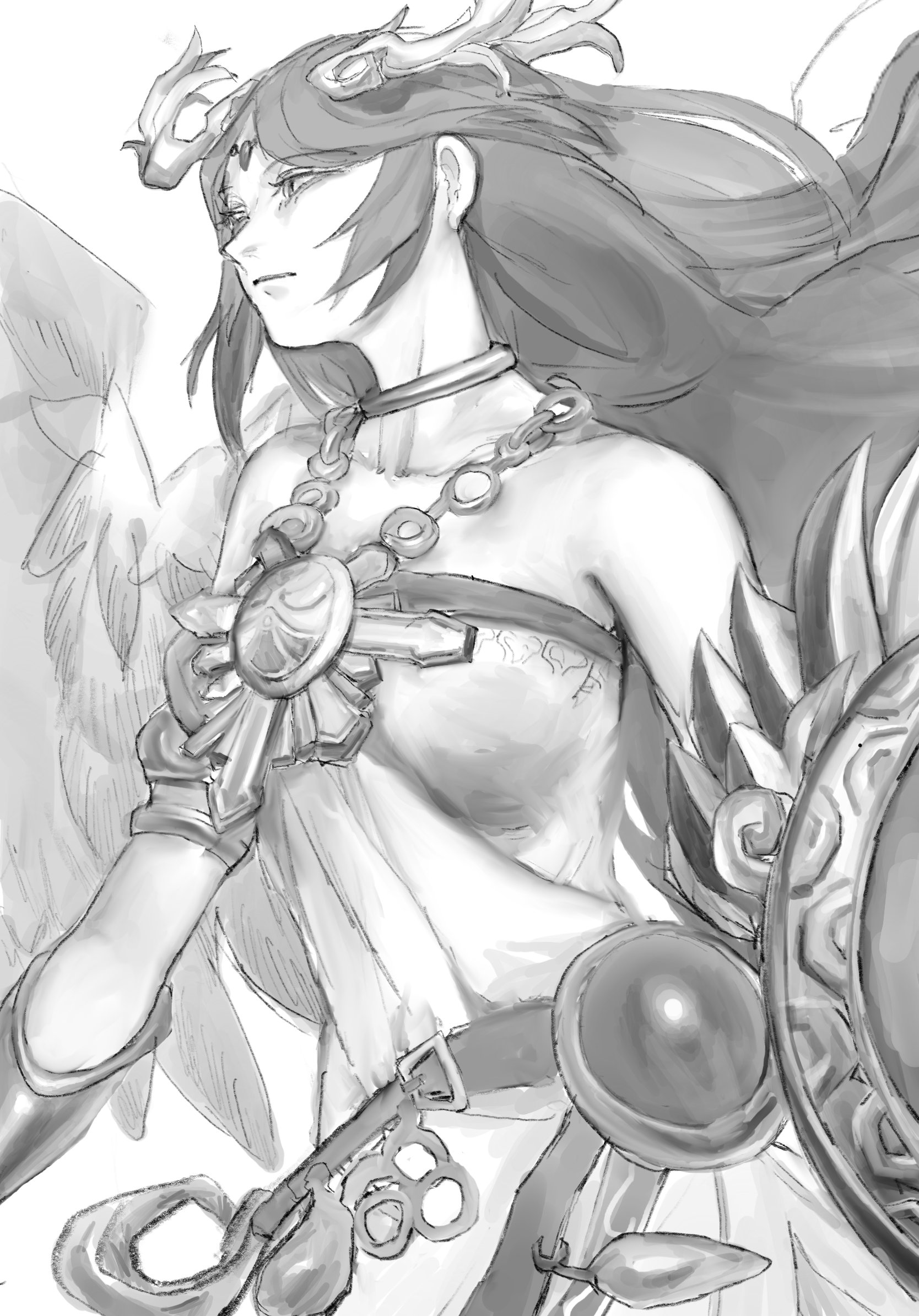 mono (monomono1998), palutena, kid icarus, kid icarus uprising, nintendo, highres, 1girl, ancient greek clothes, armlet, bare shoulders, breasts, chiton, circlet, closed mouth, collarbone, dress, forehead jewel, greco-roman clothes, greyscale, holding, holding shield, jewelry, laurel crown, long hair, monochrome, neck ring, off-shoulder dress, off shoulder, shield, simple background, solo, tiara, vambraces, very long hair, wings
