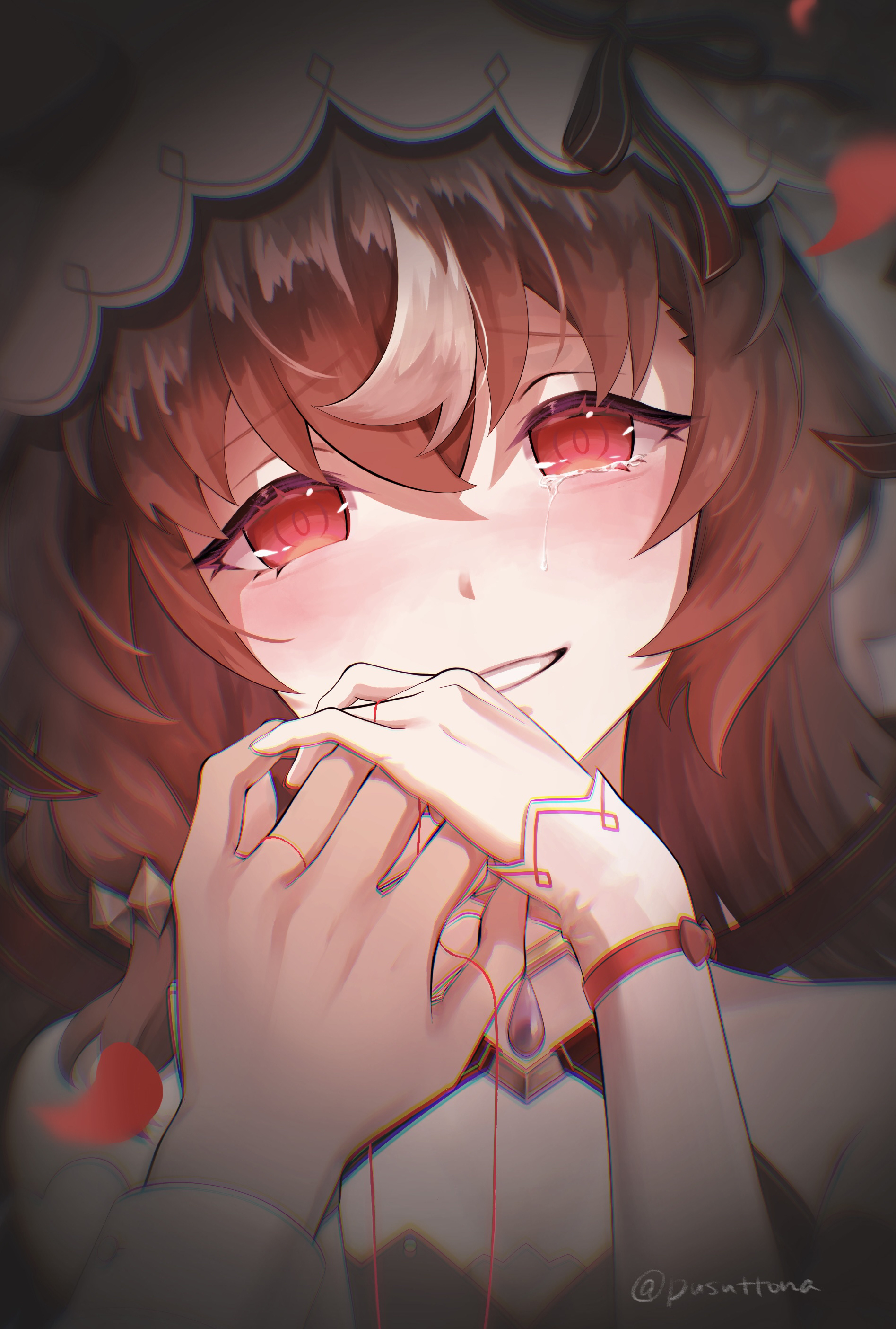 still in love (umamusume), umamusume, absurdres, highres, 1girl, animal ears, artist name, bow, brown hair, crying, crying with eyes open, dress, ear ribbon, grin, hair between eyes, heart, heart of string, jewelry, long hair, multicolored hair, necklace, parted lips, pusuttona, red dress, red eyes, red ribbon, ribbon, smile, solo, tears, twitter username, veil, white hair, white veil