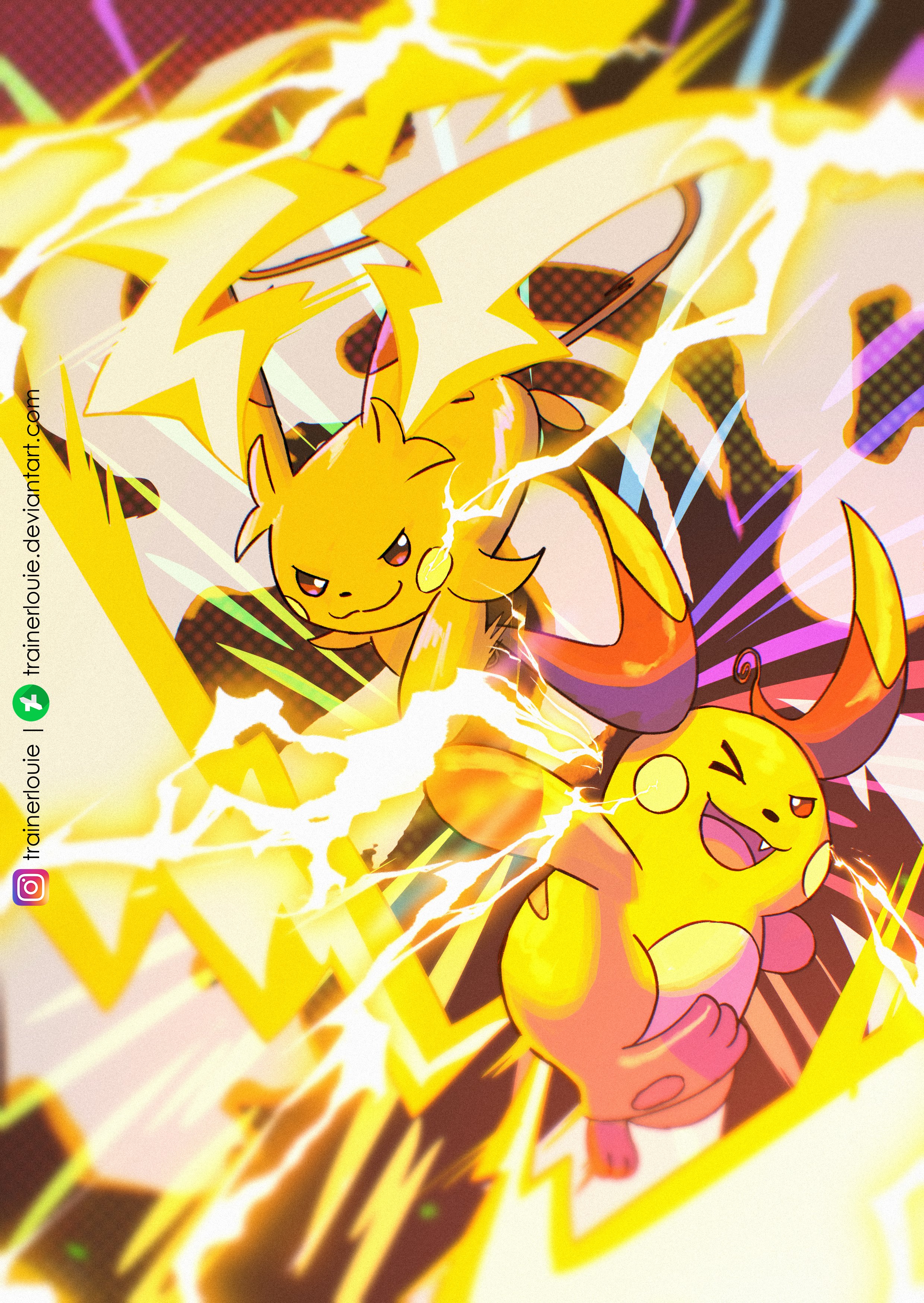 trainerlouie, mega raichu x, mega raichu y, raichu, nintendo, pokemon, pokemon legends: z-a, absurdres, highres, brown eyes, closed mouth, electricity, fang, gen 1 pokemon, mega pokemon, multiple tails, no humans, one eye closed, open mouth, orange fur, pokemon (creature), pokemon focus, red eyes, smile, tail, very long ears, yellow fur