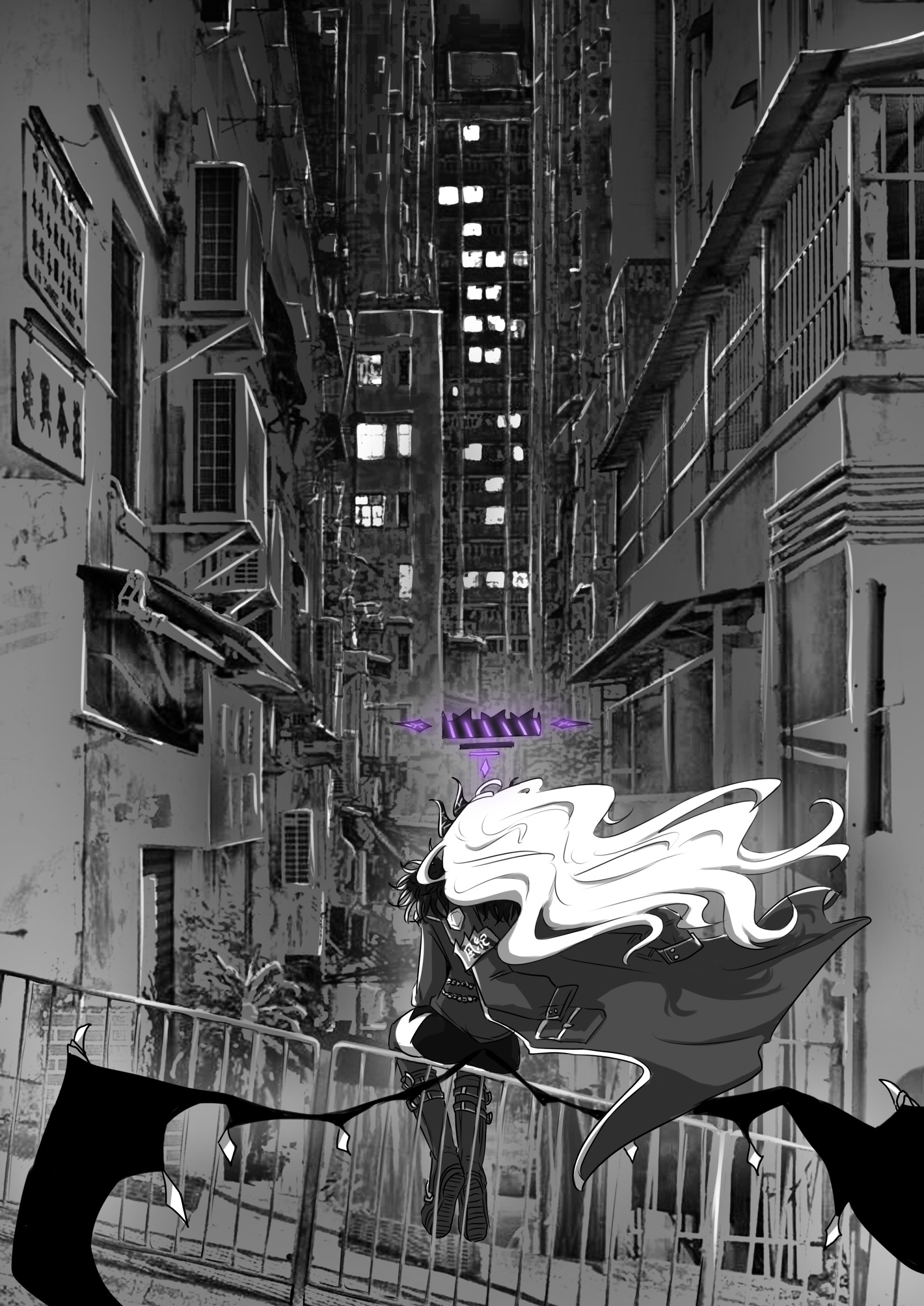 yihee bttle, hina (blue archive), blue archive, absurdres, commentary, english commentary, highres, 1girl, armband, boots, building, city, city lights, coat, coat on shoulders, condenser unit, demon girl, demon horns, demon wings, from behind, fur-trimmed coat, fur trim, greyscale, halo, horns, knee boots, long hair, monochrome, multiple horns, on railing, outdoors, purple halo, railing, scenery, sign, sitting, skirt, skyscraper, solo, spot color, urban, white hair, window light, wings