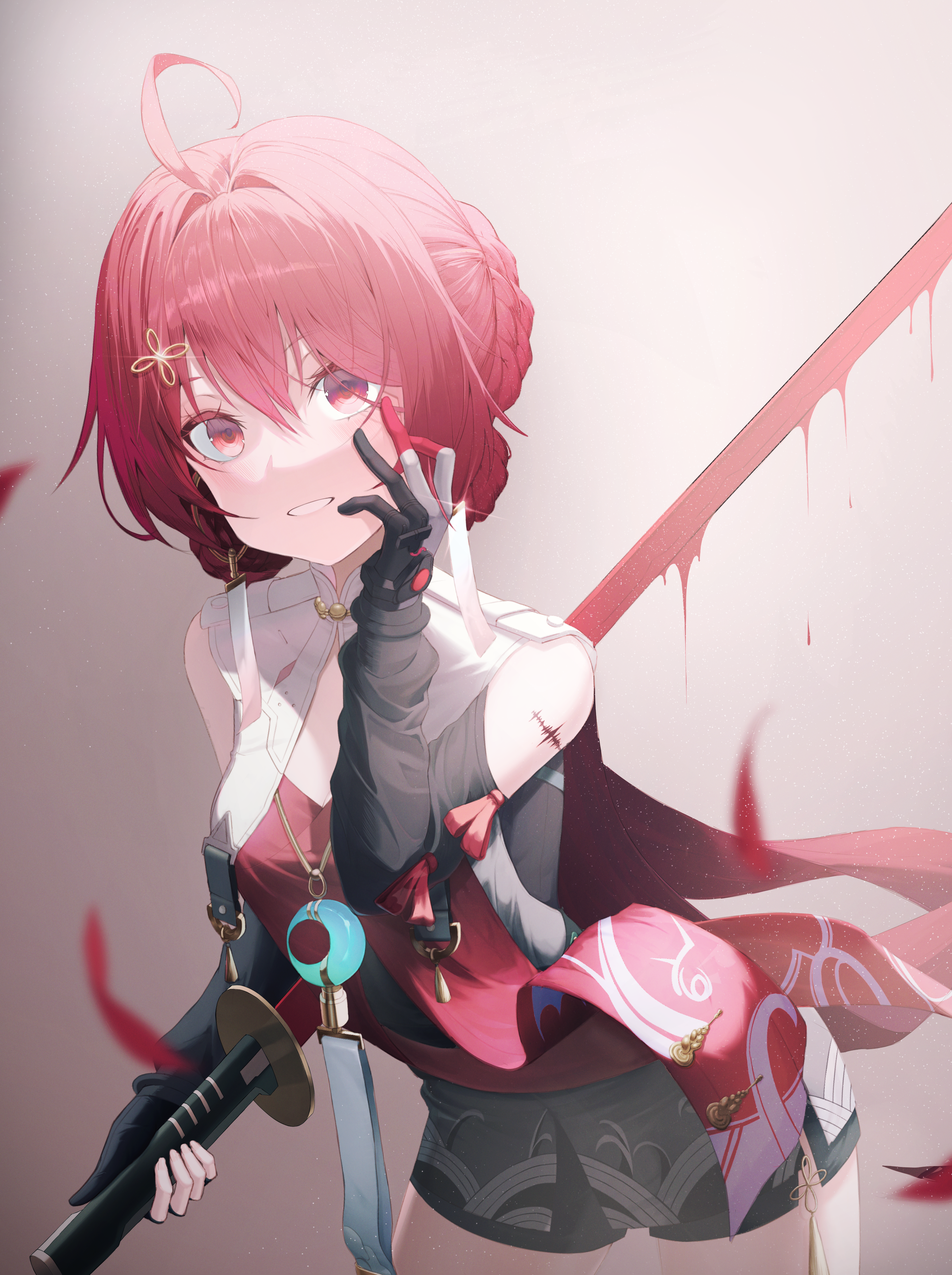 sunyang, danjin (wuthering waves), wuthering waves, absurdres, commentary, highres, md5 mismatch, resolution mismatch, revision, source smaller, 1girl, ahoge, black dress, black gloves, black shorts, black sleeves, blood, blood on face, braid, breasts, chinese clothes, clothing cutout, collar, cowboy shot, crescent, dress, empty eyes, fingerless gloves, folded braid, gloves, hair between eyes, hair intakes, hair ornament, jewelry, looking at viewer, mandarin collar, medium breasts, medium hair, necklace, red eyes, red hair, shorts, shoulder cutout, single fingerless glove, smile, solo, tacet mark (wuthering waves), white collar, yandere trance