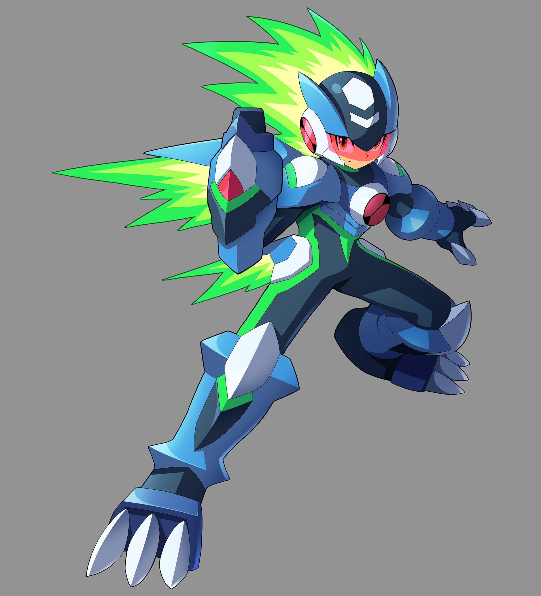 ultimatemaverickx, geo stelar (mega man), mega man (series), mega man star force (series), highres, 1boy, adapted costume, arm cannon, armor, assault visor, blue armor, blue bodysuit, blue helmet, bodysuit, full body, green hair, grey background, helmet, male focus, solo, star force mega man, weapon