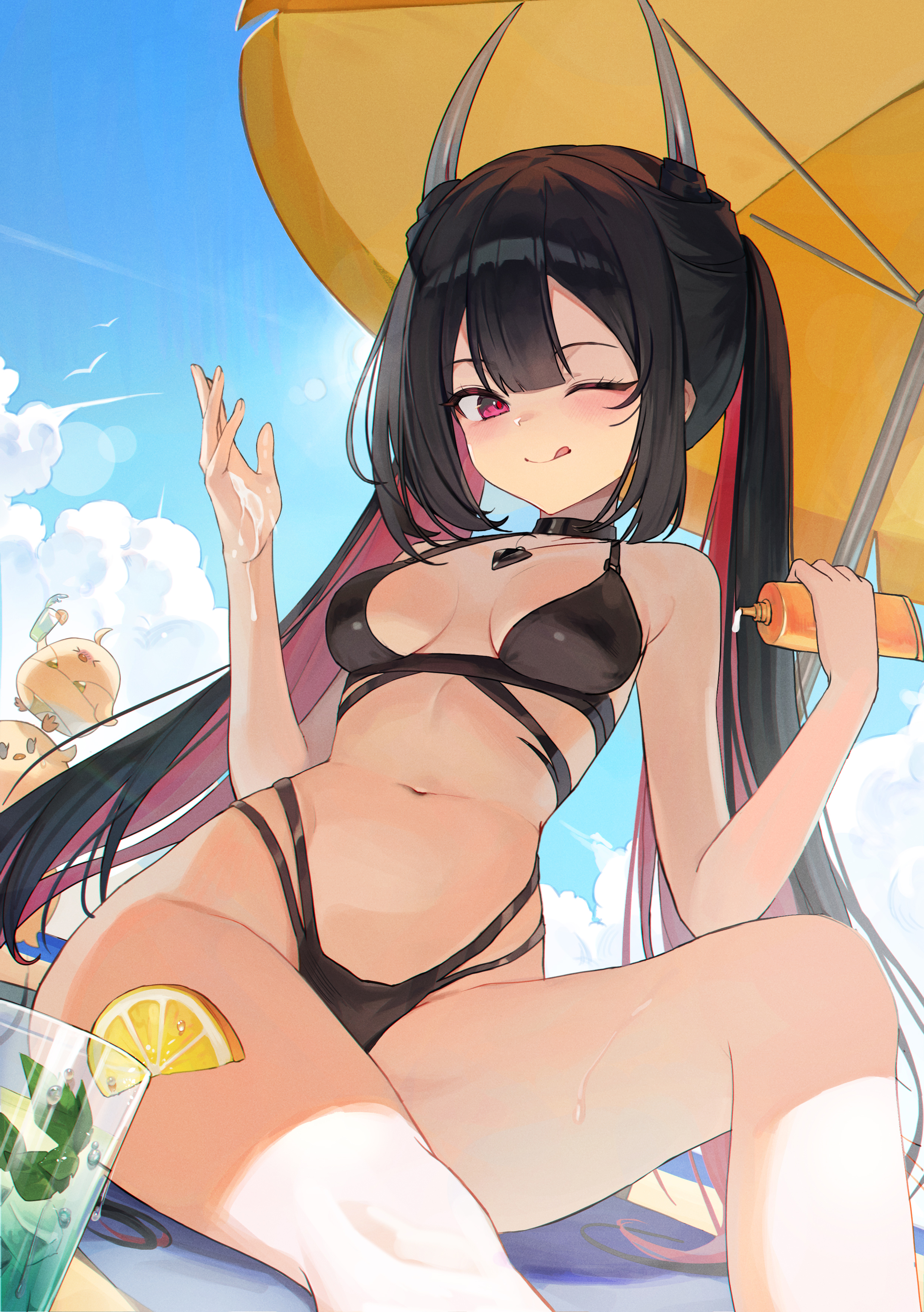 yasig26836, hatsuzuki (august's first romance) (azur lane), hatsuzuki (azur lane), manjuu (azur lane), azur lane, absurdres, commentary, highres, symbol-only commentary, 1girl, beach umbrella, bikini, black bikini, black choker, black hair, blue sky, blush, breasts, choker, closed mouth, colored inner hair, feet out of frame, horns, jewelry, long hair, long sidelocks, looking at viewer, lotion, medium breasts, multi-strapped bikini bottom, multicolored hair, navel, official alternate costume, one eye closed, red eyes, red hair, sidelocks, sitting, sky, smile, solo, stomach, sunscreen, swimsuit, thighs, tongue, tongue out, twintails, two-tone hair, umbrella