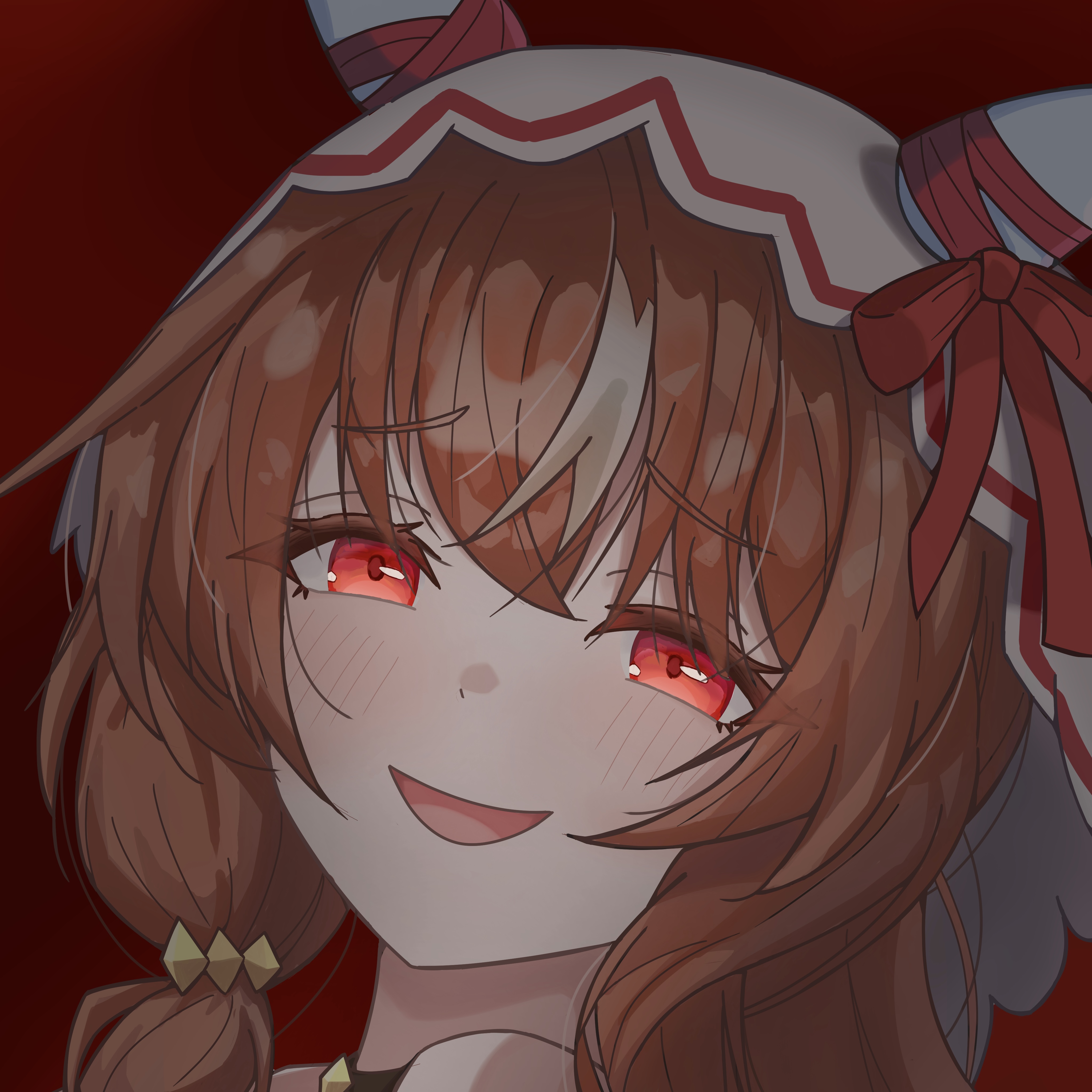 still in love (umamusume), umamusume, absurdres, highres, variant set, 1girl, animal ears, blush, bow, ear ribbon, hair between eyes, hair ornament, hair over shoulder, hair scrunchie, long hair, medium hair, multicolored hair, parted lips, red background, red eyes, red ribbon, ribbon, scrunchie, simple background, smile, solo, streaked hair, veil, white hair, white veil, xiaojie (user ehmf2842)