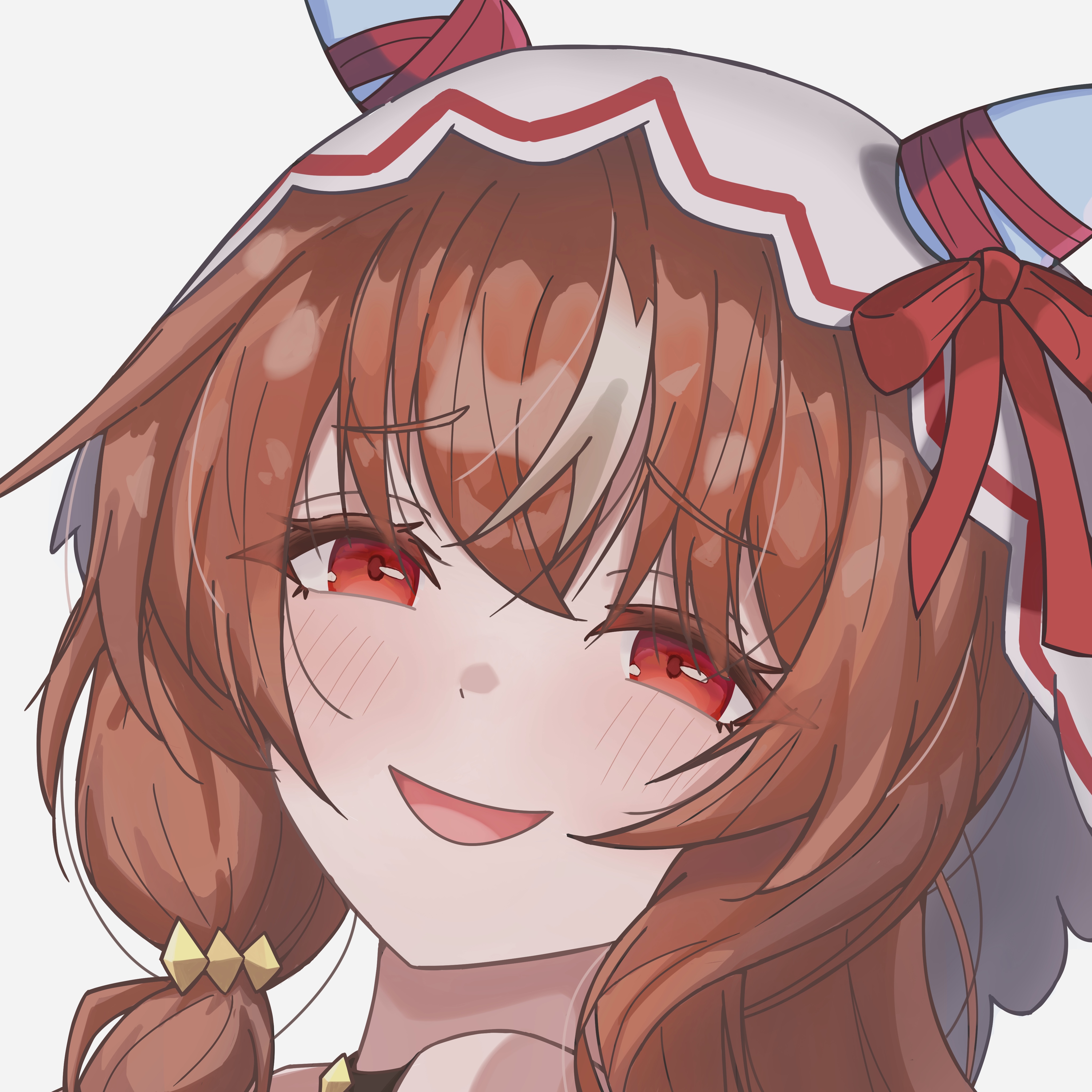 still in love (umamusume), umamusume, absurdres, highres, variant set, 1girl, animal ears, blush, bow, ear ribbon, hair between eyes, hair ornament, hair over shoulder, hair scrunchie, long hair, medium hair, multicolored hair, parted lips, red eyes, red ribbon, ribbon, scrunchie, simple background, smile, solo, streaked hair, veil, white background, white hair, white veil, xiaojie (user ehmf2842)