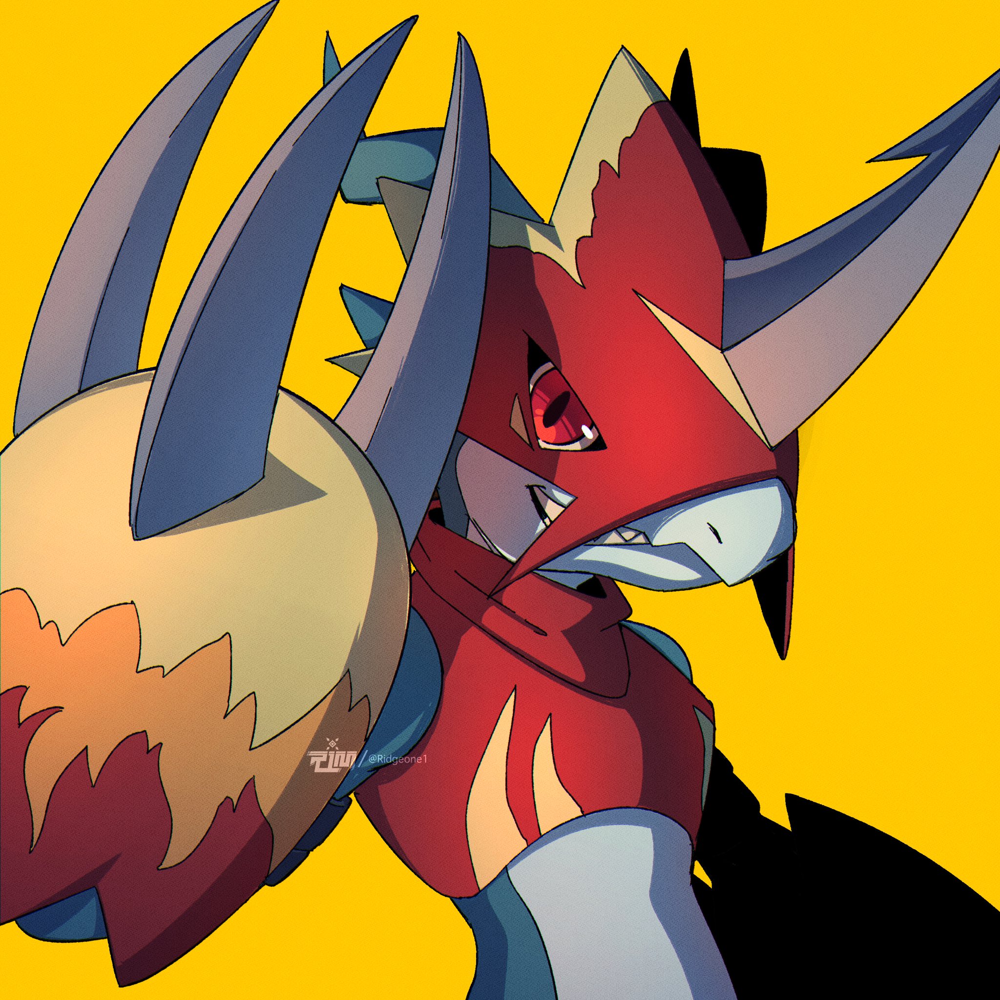 ridgeone, fladramon, digimon, highres, armor, digimon (creature), dragon, helmet, horns, red armor, red eyes, red helmet, sharp teeth, simple background, single horn, teeth, yellow background