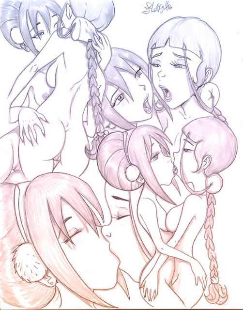 katara, toph beifong, avatar: the last airbender, avatar legends, ass grab, 2girls, ass, breast press, breasts, kiss, loli, monochrome, multiple girls, pussy, symmetrical docking, yuri
