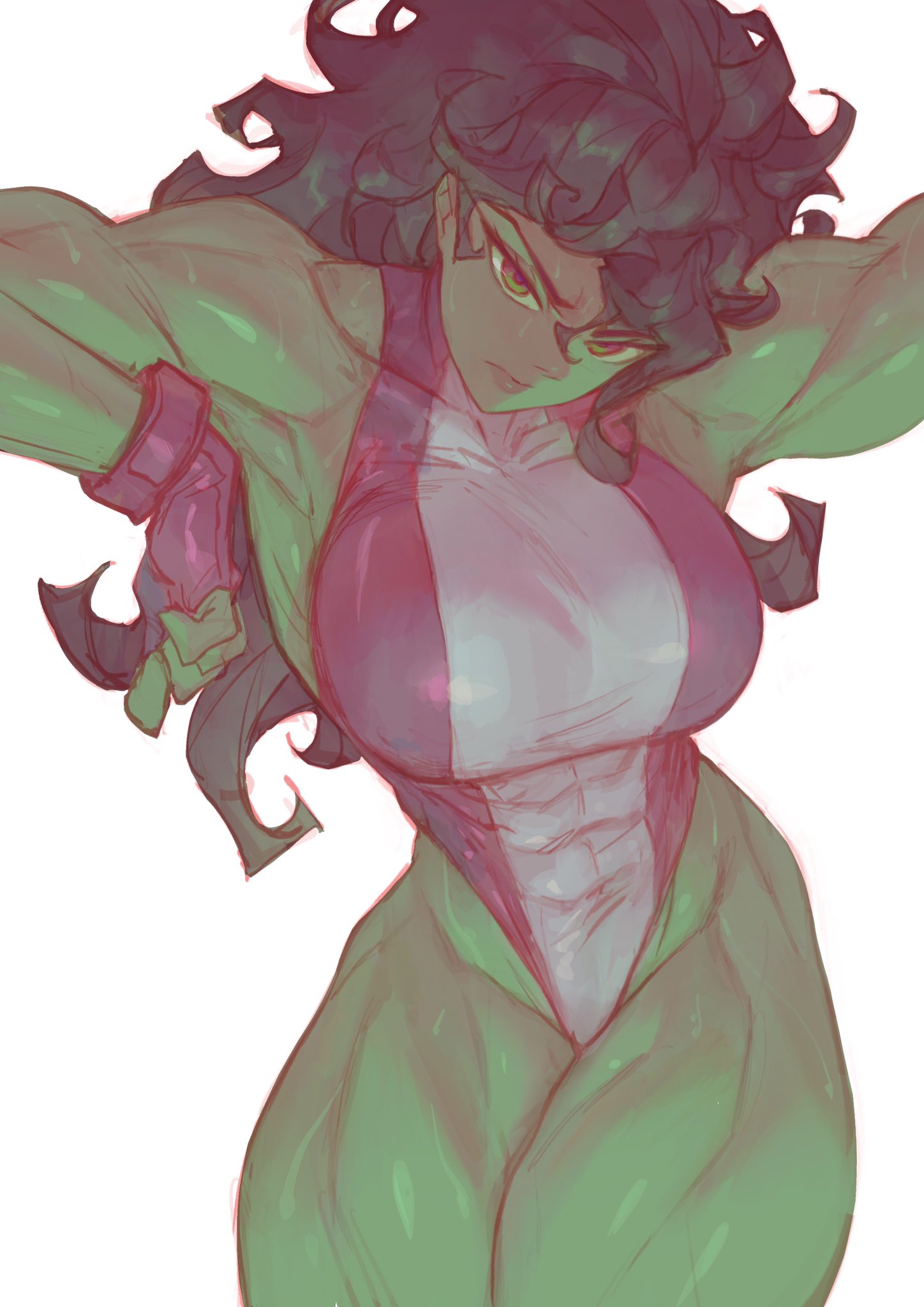 rebigaki, she-hulk, marvel, marvel rivals, commentary, english commentary, highres, 1girl, breasts, closed mouth, covered abs, fingerless gloves, gloves, green eyes, green skirt, large breasts, leotard, long hair, looking at viewer, multicolored leotard, purple gloves, purple hair, purple leotard, skirt, solo, superhero costume, two-tone leotard, white leotard