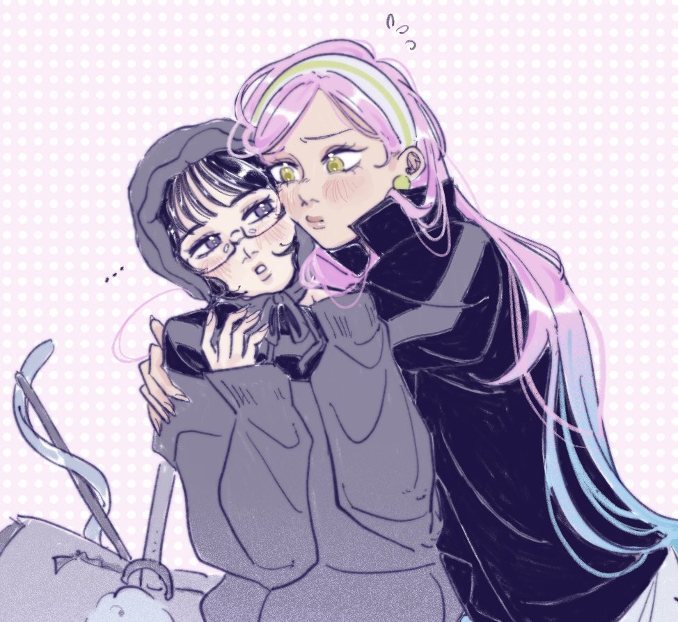 mizi (alien stage), sua (alien stage), commentary, …, 2girls, black hair, black jacket, blue hair, earrings, glasses, gradient hair, grey eyes, grey hoodie, hood, hood up, hoodie, jacket, jewelry, long hair, long sleeves, multicolored hair, multiple girls, official alternate costume, pink background, pink hair, polka dot, polka dot background, sphere earrings, syaeris, two-tone hair, yellow eyes