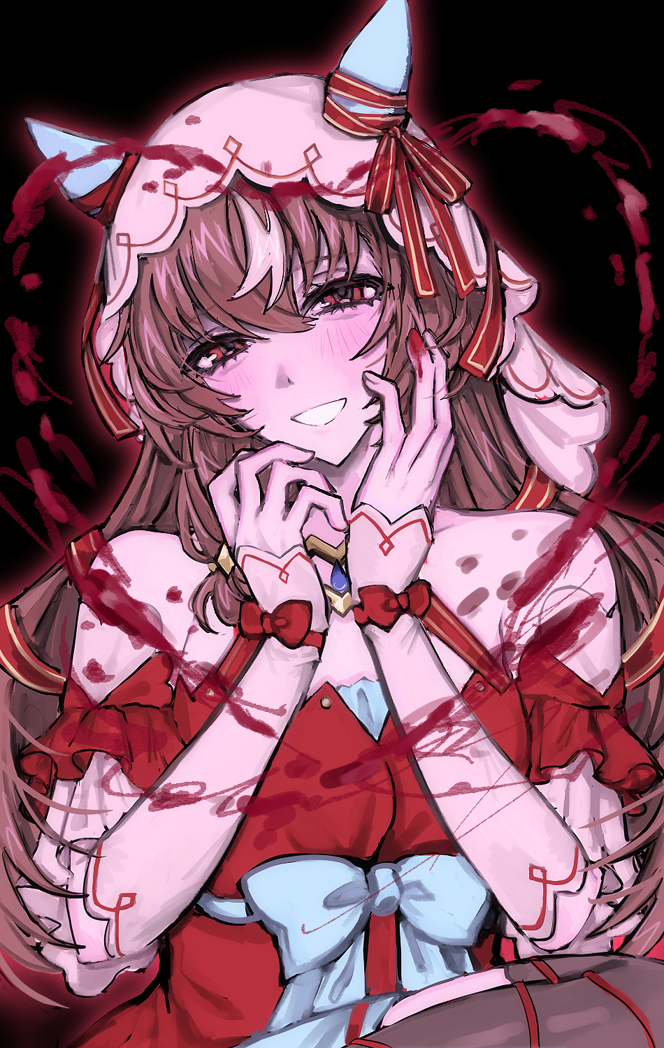 still in love (umamusume), umamusume, highres, 1girl, ambiguous red liquid, animal ears, bare shoulders, black background, blood, blood drip, blood on hands, blush, bow, brown hair, clothing cutout, dress, ear ribbon, grin, hair between eyes, hands on own face, heart, horse ears, horse girl, layered dress, long hair, long sleeves, multicolored hair, off-shoulder dress, off shoulder, open mouth, red bow, red dress, red eyes, red ribbon, ribbon, short sleeves, shoulder cutout, simple background, smile, solo, streaked hair, user rwcf8722, veil, very long hair, white bow, white hair, white sleeves, white veil