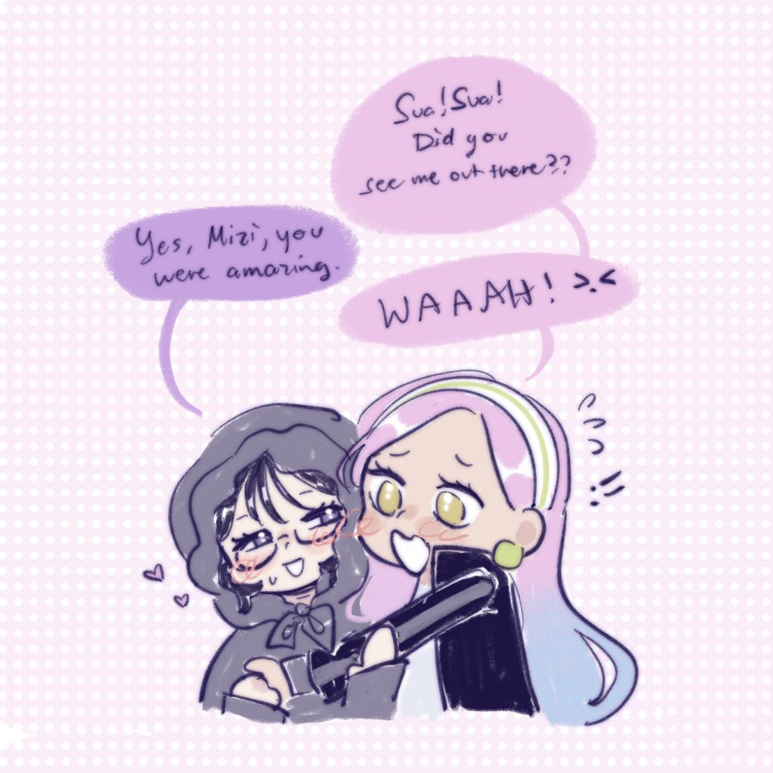mizi (alien stage), sua (alien stage), alien stage, !, !!, 2girls, black hair, black jacket, blue hair, blush, earrings, flying sweatdrops, glasses, gradient hair, grey eyes, grey hoodie, hood, hood up, hoodie, jacket, jewelry, long hair, long sleeves, multicolored hair, multiple girls, official alternate costume, open mouth, pink background, pink hair, polka dot, polka dot background, syaeris, two-tone hair, yellow eyes