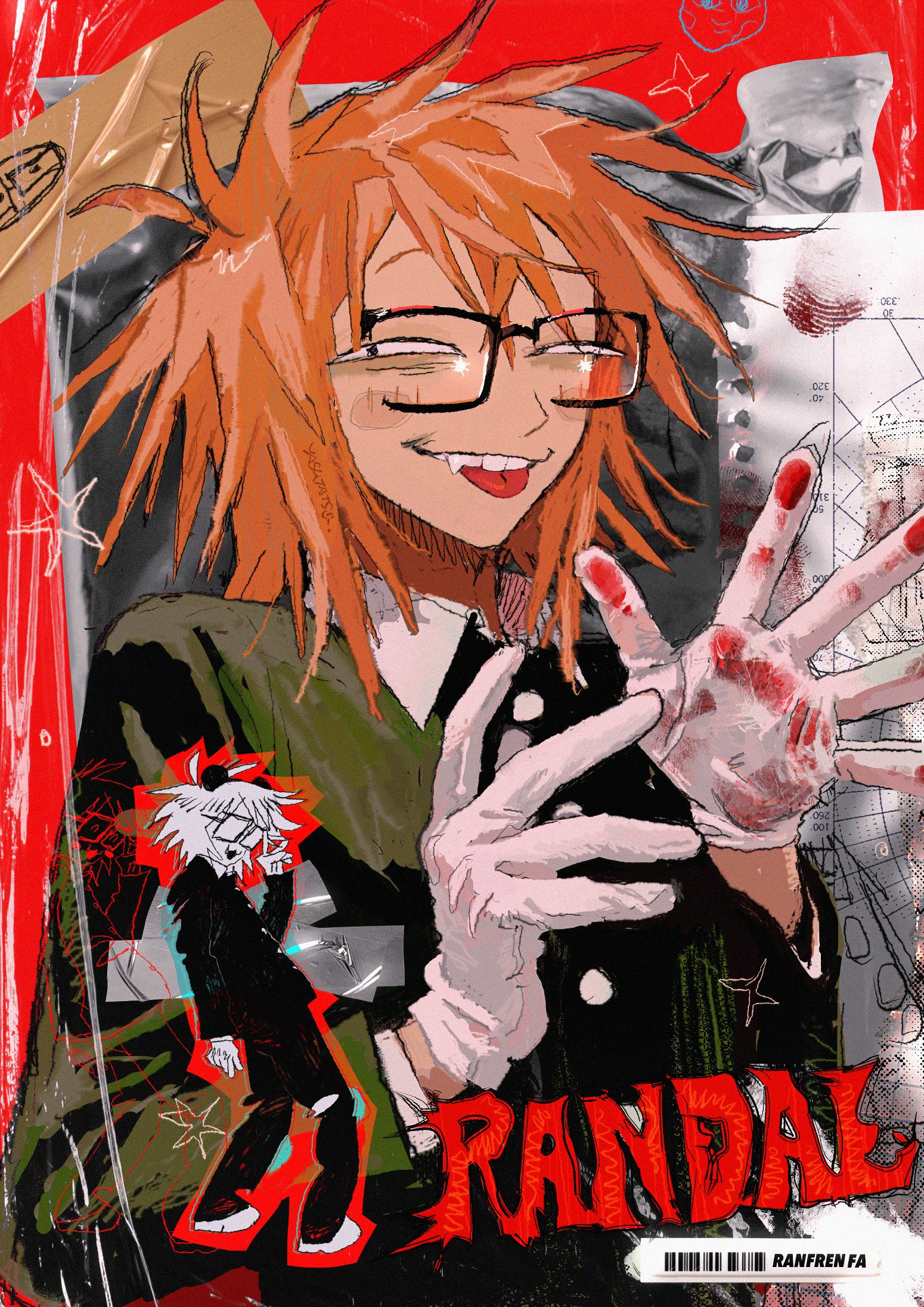yasutatsu (amazu), randal ivory, randal's friends, character request, commentary, english commentary, highres, 1boy, black eyes, blood, blood on hands, fang, glasses, gloves, jacket, looking at viewer, male focus, multiple views, orange hair, red background, short hair, tape, tongue, tongue out