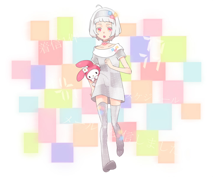 matsurika, my melody, docomo, onegai my melody, sanrio, bad id, bad pixiv id, 1girl, f703i, female focus, personification, product girl, red eyes, short hair, solo, stuffed animal, stuffed rabbit, stuffed toy, white hair