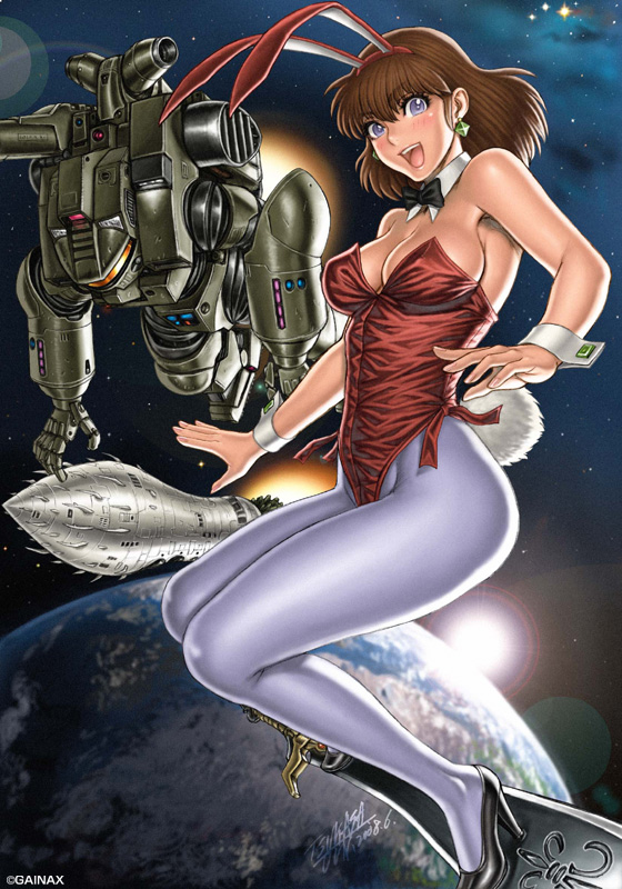 tsukasa jun, daicon bunny girl, mobile infantry, daicon, daicon iii, daicon iv, gainax, starship troopers, uchuu no senshi, 1980s (style), official art, 1girl, animal ears, armor, black bow, black bowtie, bow, bowtie, breasts, brown hair, cleavage, company name, detached collar, earth (planet), fake animal ears, female focus, floating, flying, gainaxtop, high heels, lens flare, leotard, looking at viewer, mecha, oldschool, pantyhose, planet, playboy bunny, power armor, purple eyes, rabbit ears, rabbit tail, realistic, retro artstyle, robot, science fiction, solo, space, spacecraft, star (sky), star (symbol), surfing, sword, tail, weapon, white pantyhose