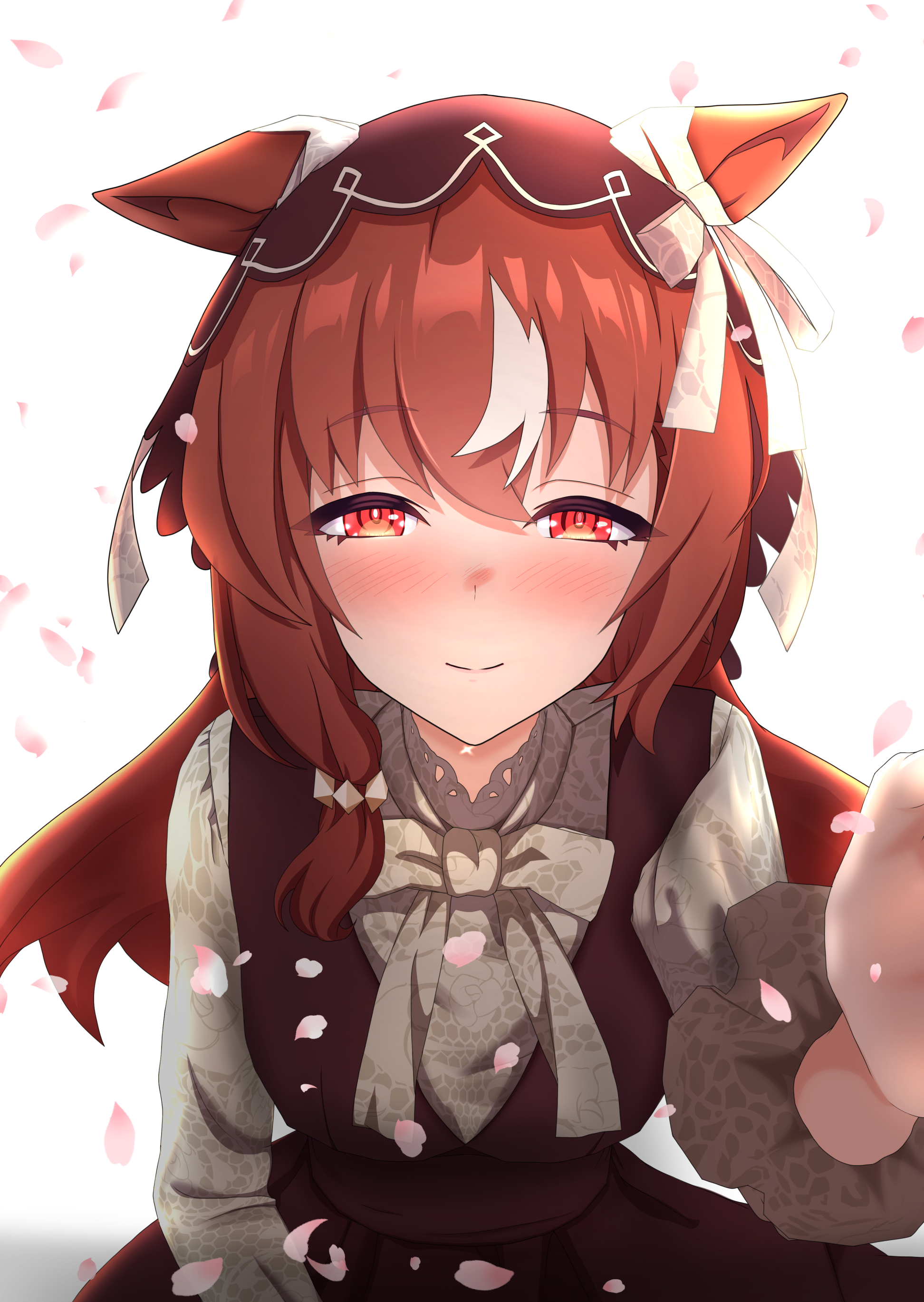 ms melodine, yusei tran, still in love (umamusume), umamusume, absurdres, commentary, highres, variant set, 1girl, animal ears, black dress, black veil, blush, bow, bowtie, brown hair, collared shirt, dress, ear ribbon, falling petals, frilled sleeves, frills, hair between eyes, hair over shoulder, hand up, horse ears, horse girl, long hair, long sleeves, multicolored hair, petals, red eyes, ribbon, shirt, simple background, sleeveless, sleeveless dress, split mouth, streaked hair, veil, very long hair, white background, white bow, white bowtie, white hair, white ribbon, white shirt