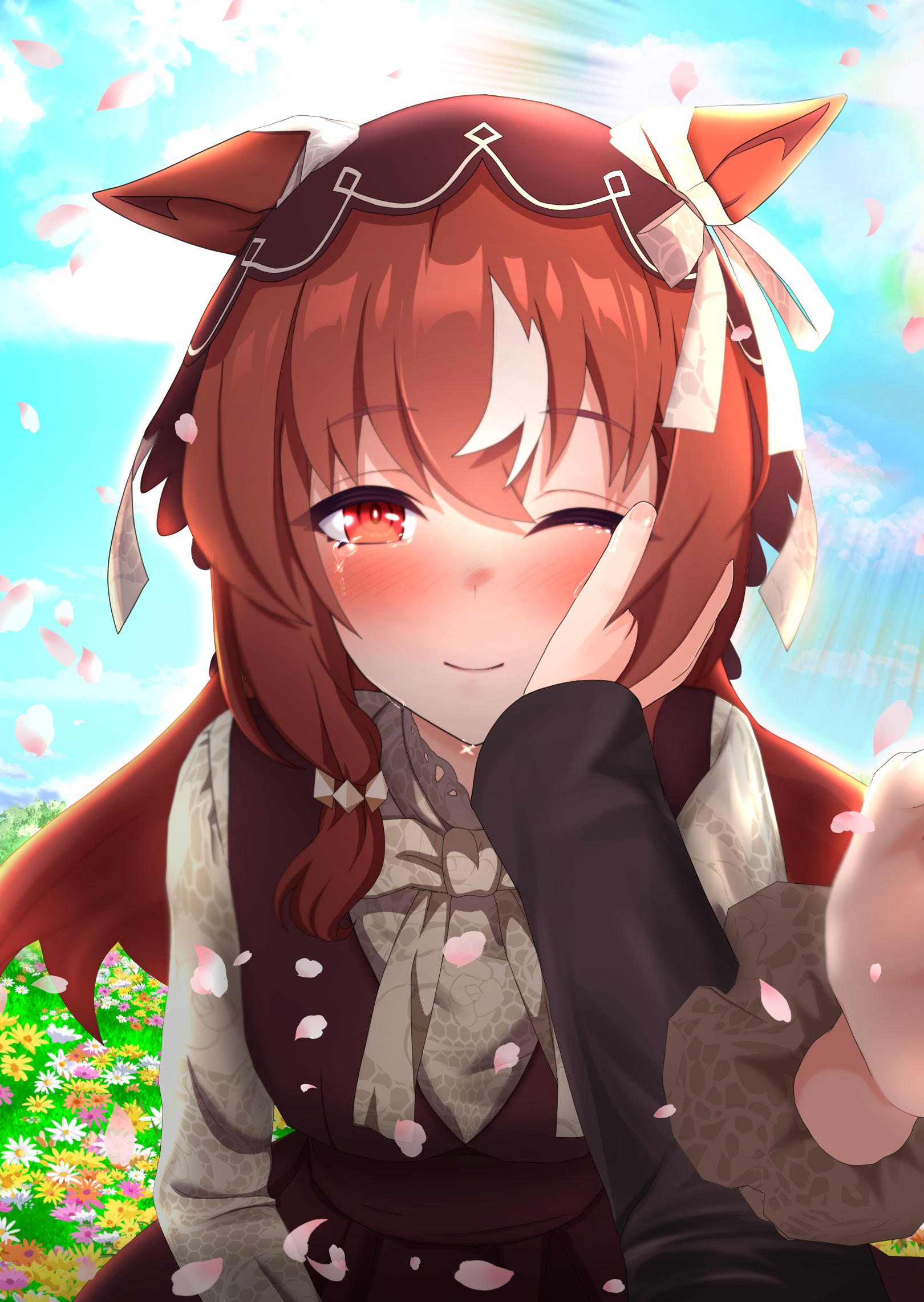 yusei tran, still in love (umamusume), umamusume, highres, variant set, 1girl, animal ears, black dress, black jacket, black veil, bow, bowtie, brown hair, collared shirt, crying, crying with eyes open, dress, ear ribbon, falling petals, flower, hair over shoulder, hand on another's face, horse ears, horse girl, jacket, long hair, long sleeves, multicolored hair, one eye closed, peeing, peeing on viewer, petals, red eyes, ribbon, shirt, sleeveless, sleeveless dress, streaked hair, tears, veil, very long hair, white bow, white bowtie, white hair, white ribbon, white shirt