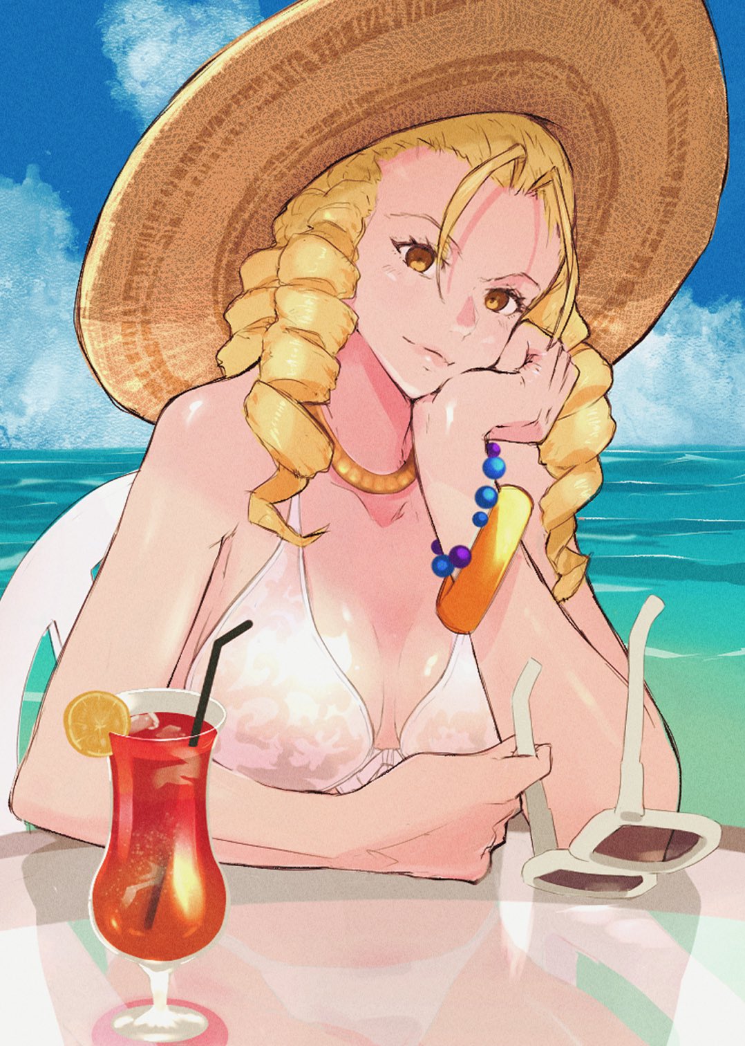 yuenibushi, kanzuki karin, street fighter, hashtag-only commentary, highres, 1girl, bare shoulders, bikini, blonde hair, blue sky, bracelet, breasts, closed mouth, cloud, drill hair, hat, head rest, holding, holding removed eyewear, jewelry, juice, large breasts, looking at viewer, ocean, sky, smile, solo, swimsuit, unworn eyewear, white bikini, yellow eyes