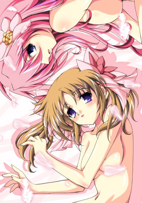 ka2, apricot sakuraba, milfeulle sakuraba, broccoli (company), galaxy angel, galaxy angel rune, 00s, 2girls, blue eyes, breasts, brown hair, feathers, large breasts, long hair, lying, multiple girls, navel, nude, pink hair, ribbon, short twintails, siblings, sisters, twintails